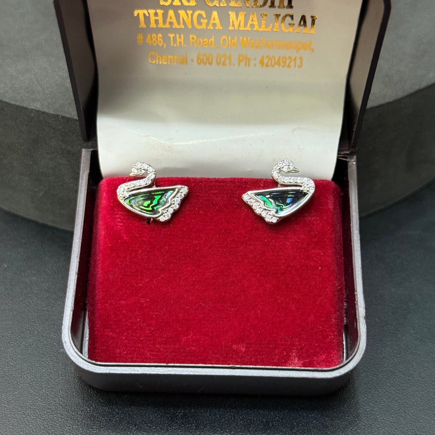 Silver Ladies Studs_Green White AD Stone Swan