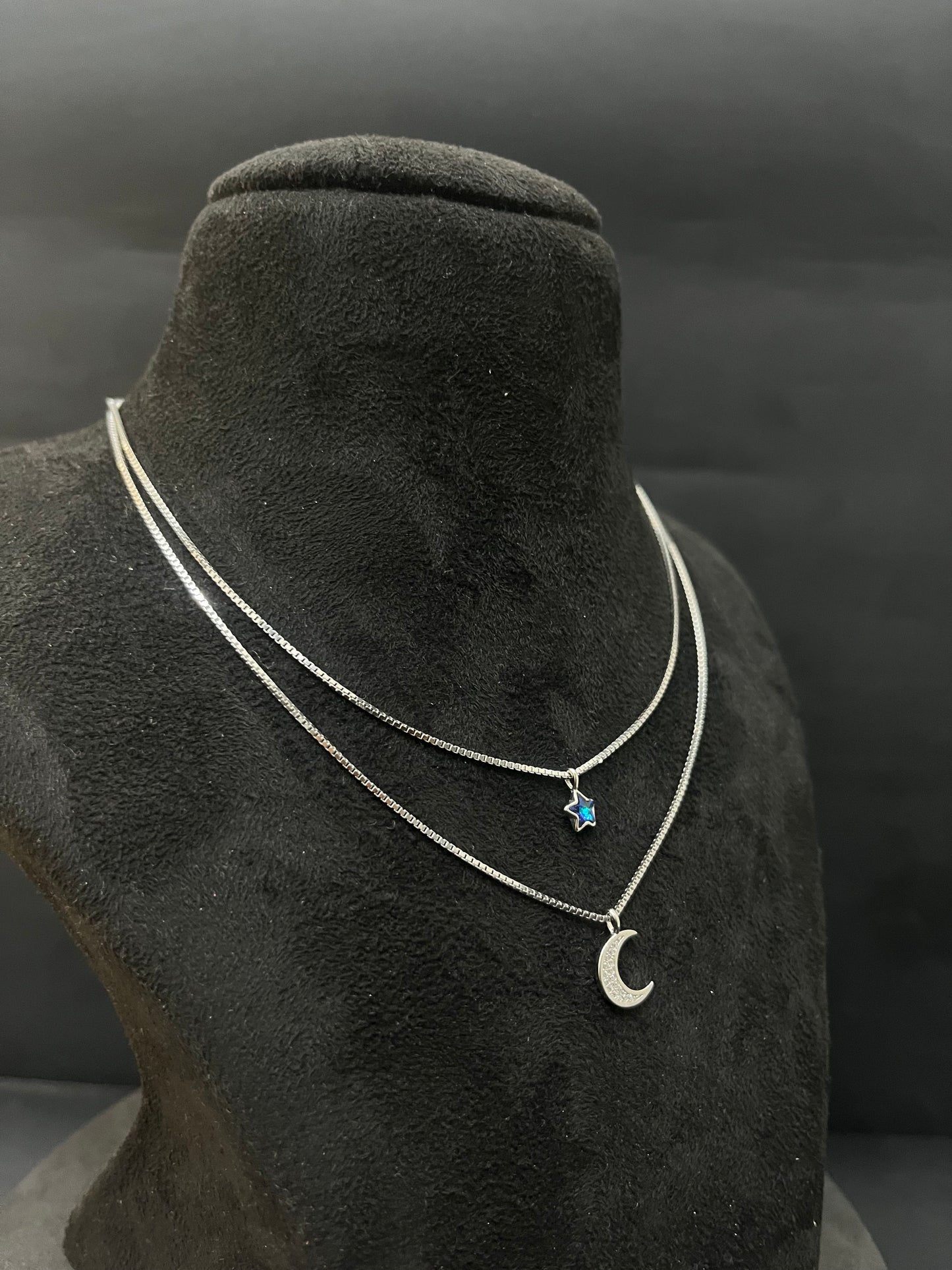Ladies Silver Chain Double Layer Blue Moon Star