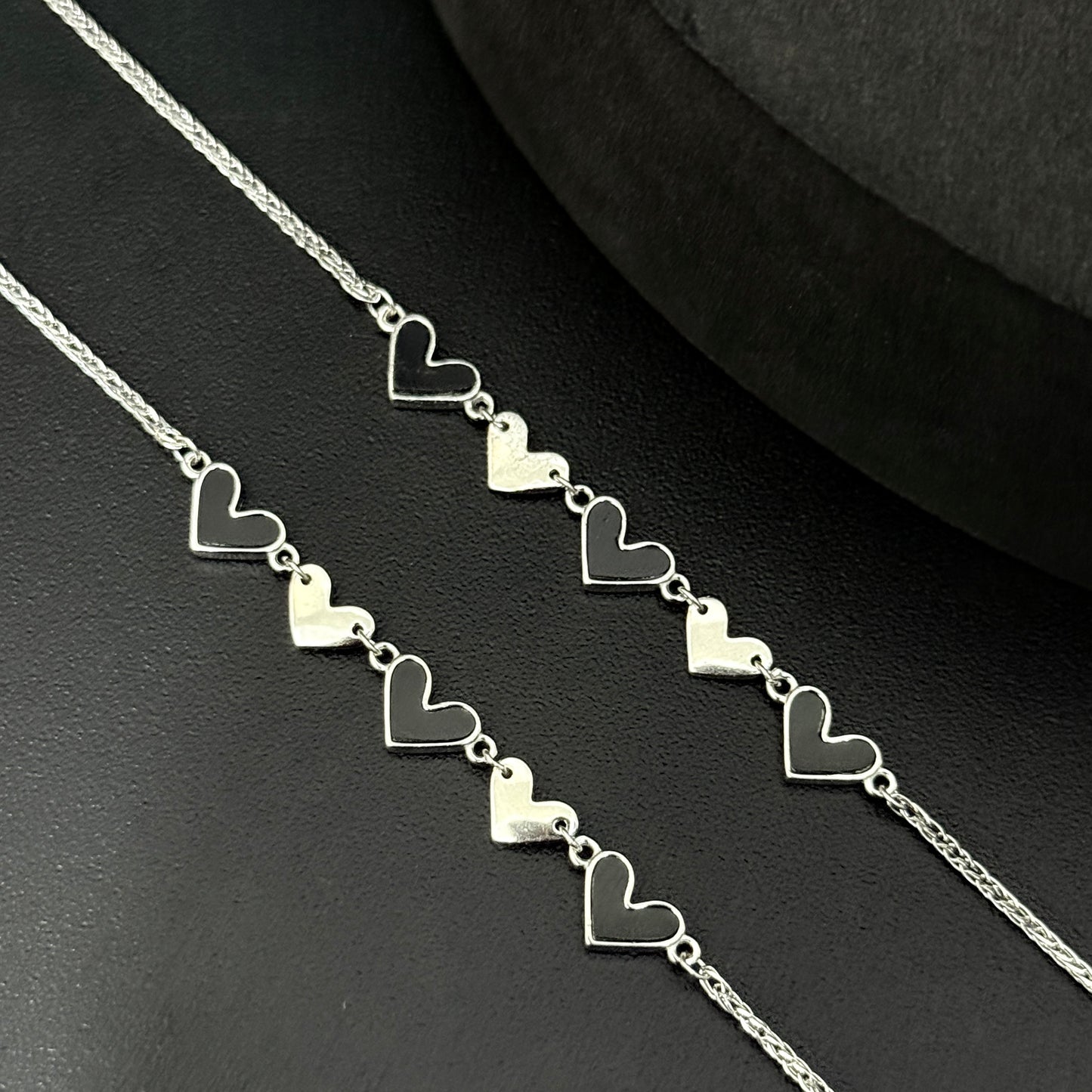 Silver Ladies Anklet_Black & White Strings Of Heart