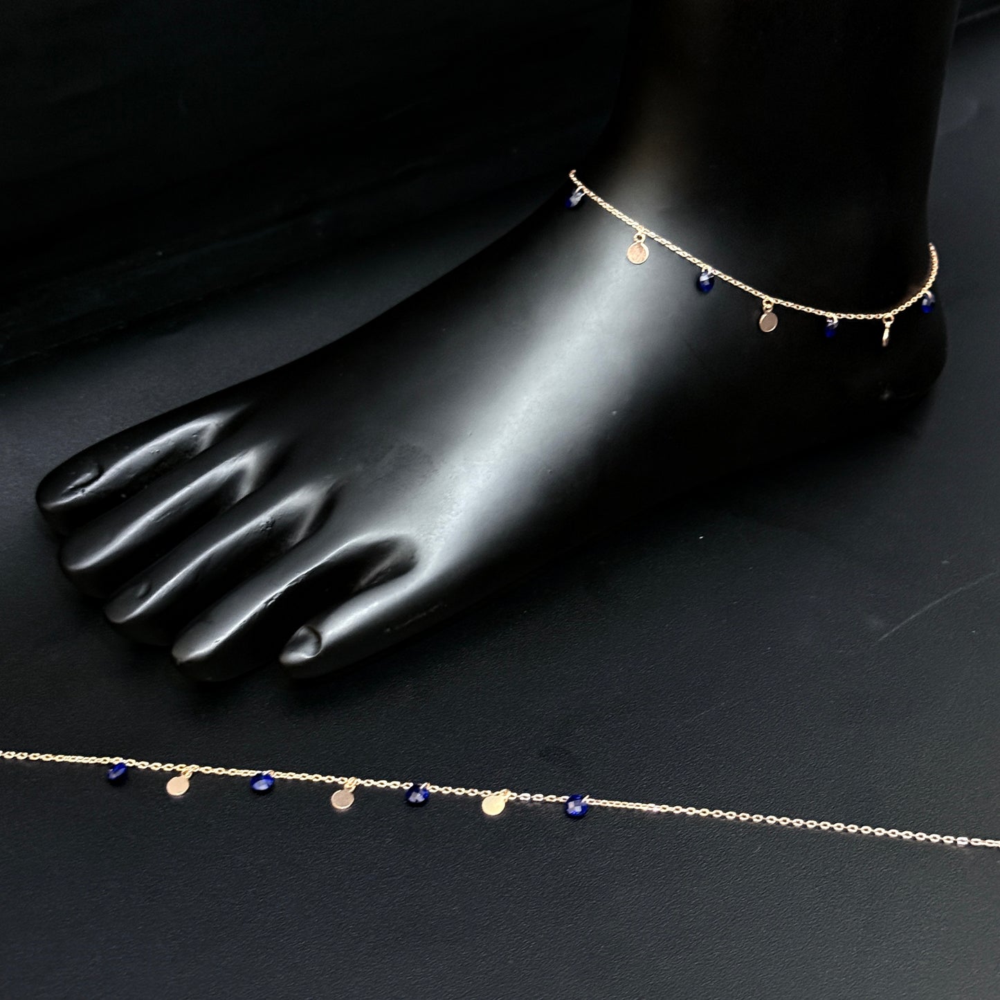 Silver Ladies Anklet Blue Beads & Charms Rosegold