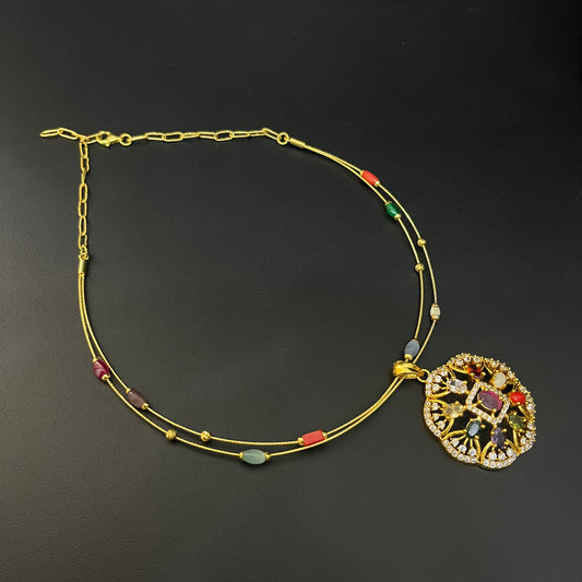 Silver Necklace Gold Finished Navratna Stones DS01