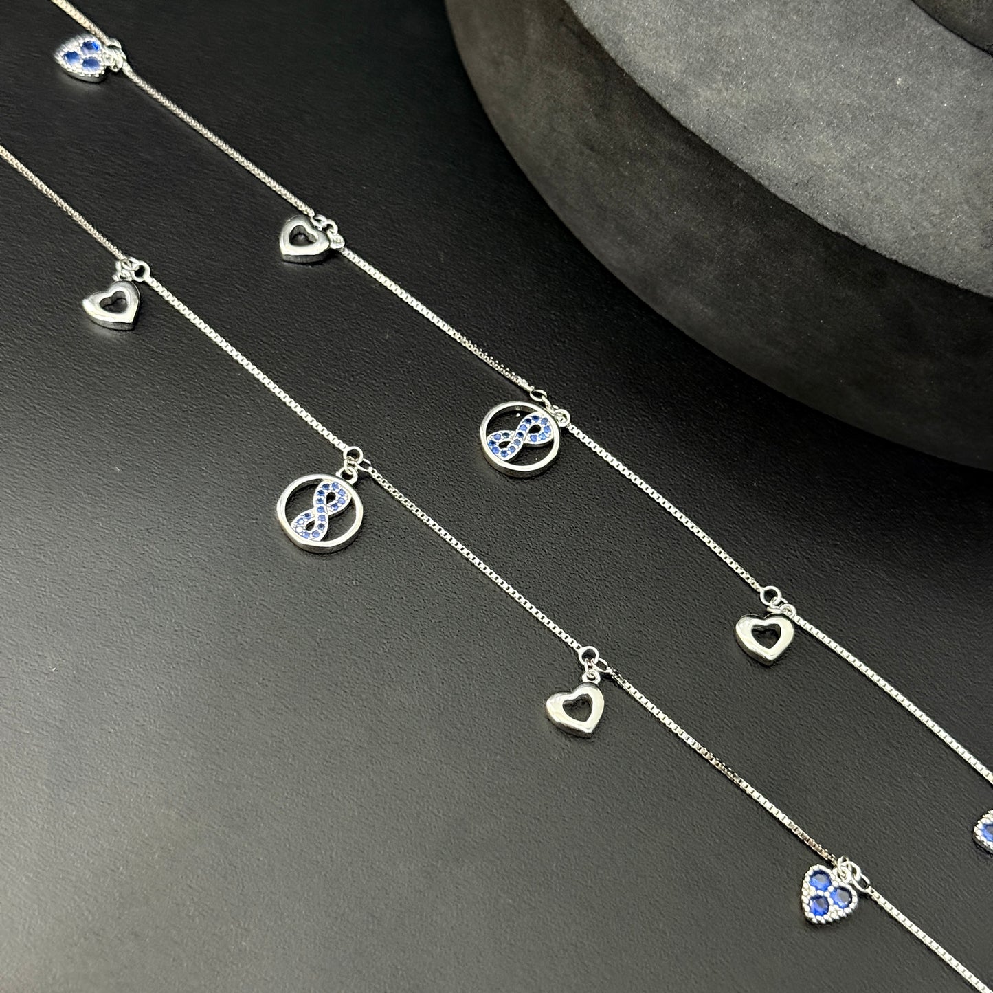 Silver Ladies Anklet Circle infinty & Heart Charms SS