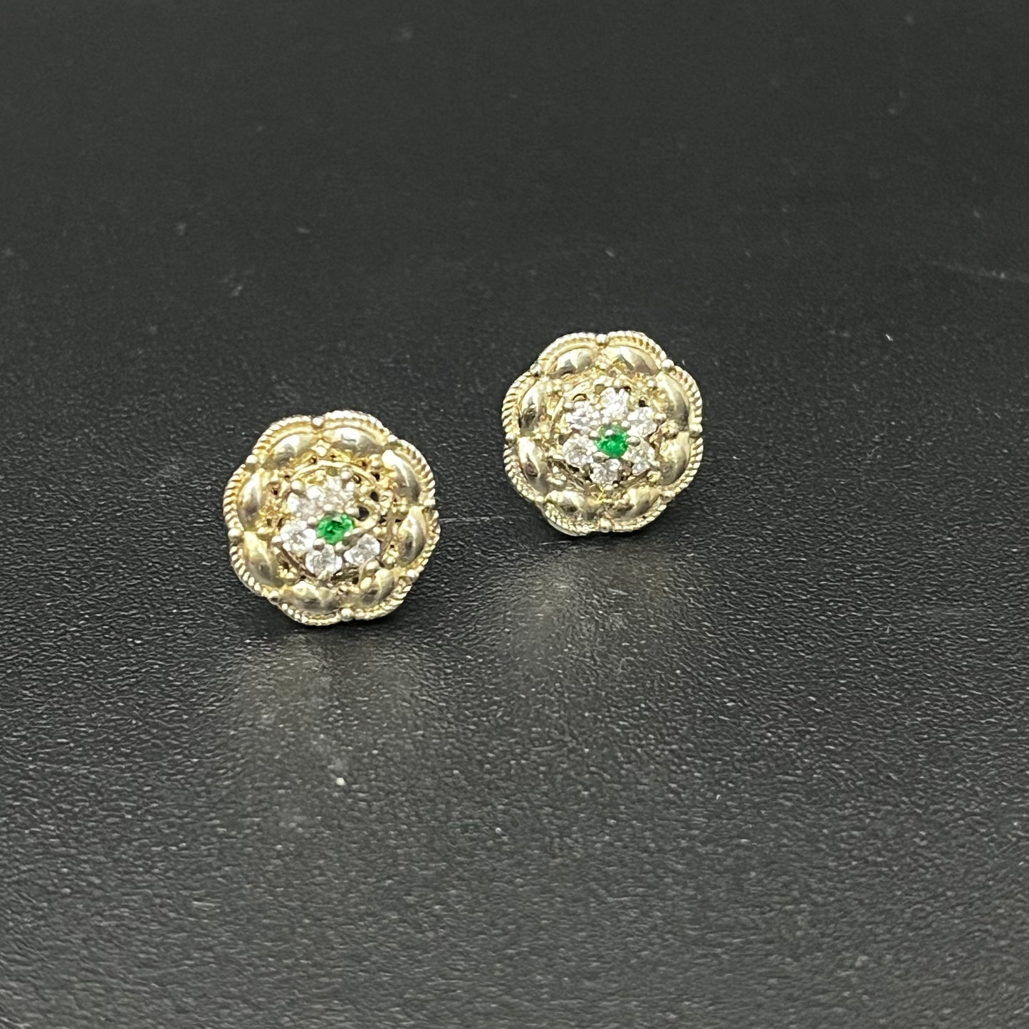 Silver Stud Green Stone Flower Design
