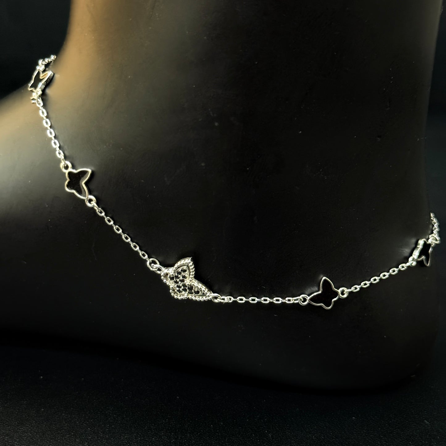 Silver Ladies Anklet_Twin Butterfly Black & White RG