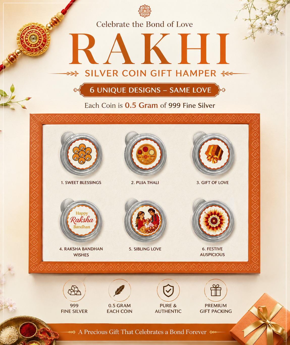 Silver Raksh Bandhan Gift Box 0.5GM 6 Coin Set 999