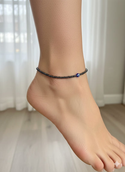 Silver Evil Eye Black Beads Anklet