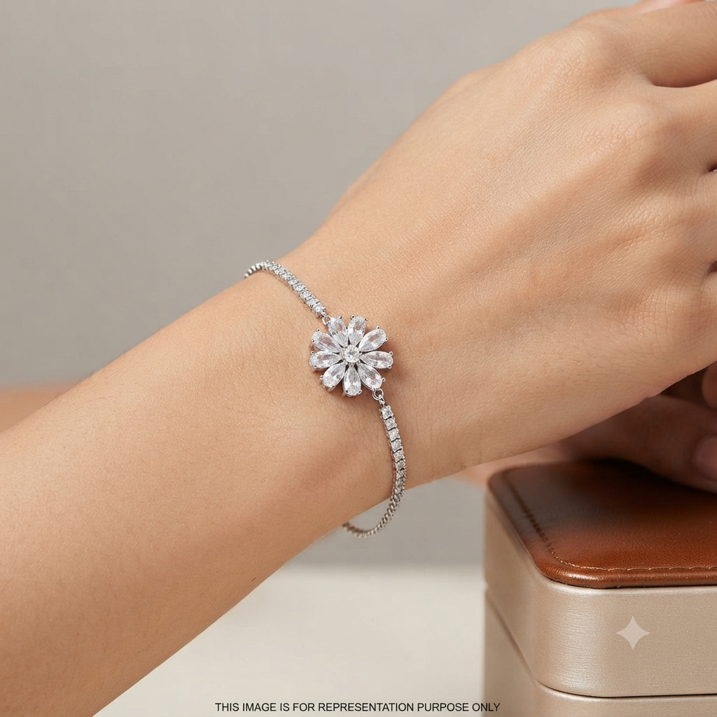 Silver Ladies Bracelet Floral Flower With Classic Stones 1 925