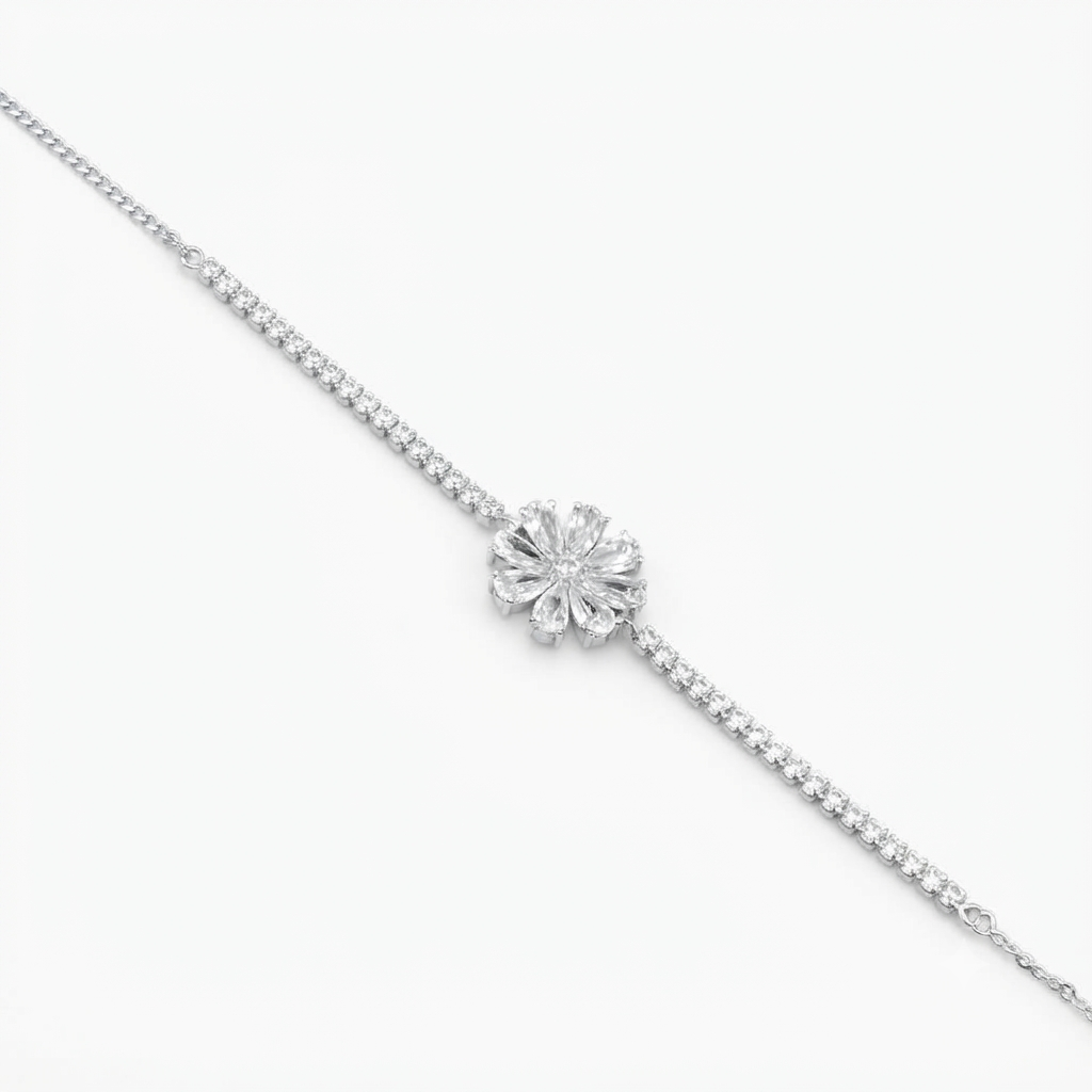 Silver Ladies Bracelet Floral Flower With Classic Stones 1 925