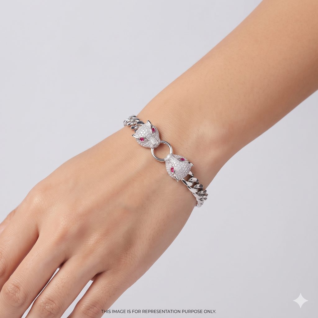 Silver Ladies Bracelet Twin Monster Mostif Cuban Link 925