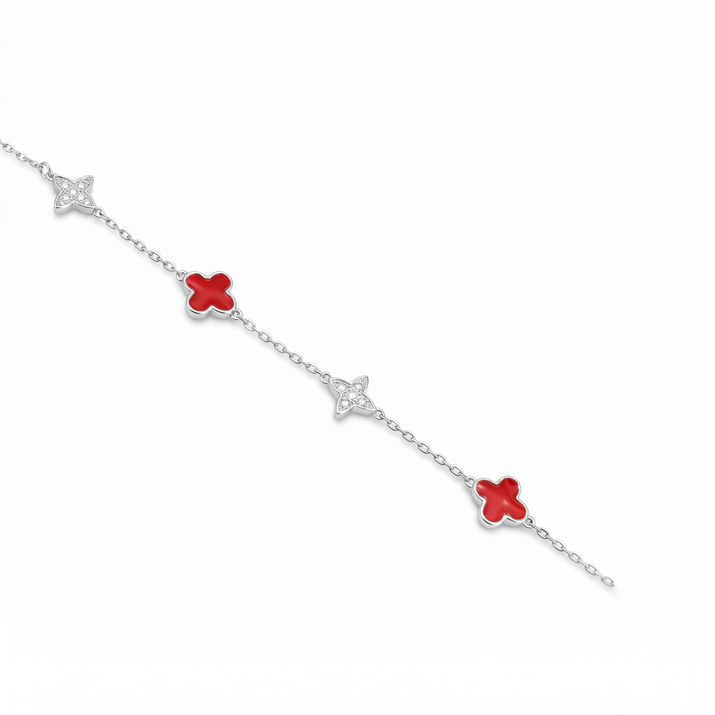 Silver Ladies Bracelet Classic Red & White Flower 925