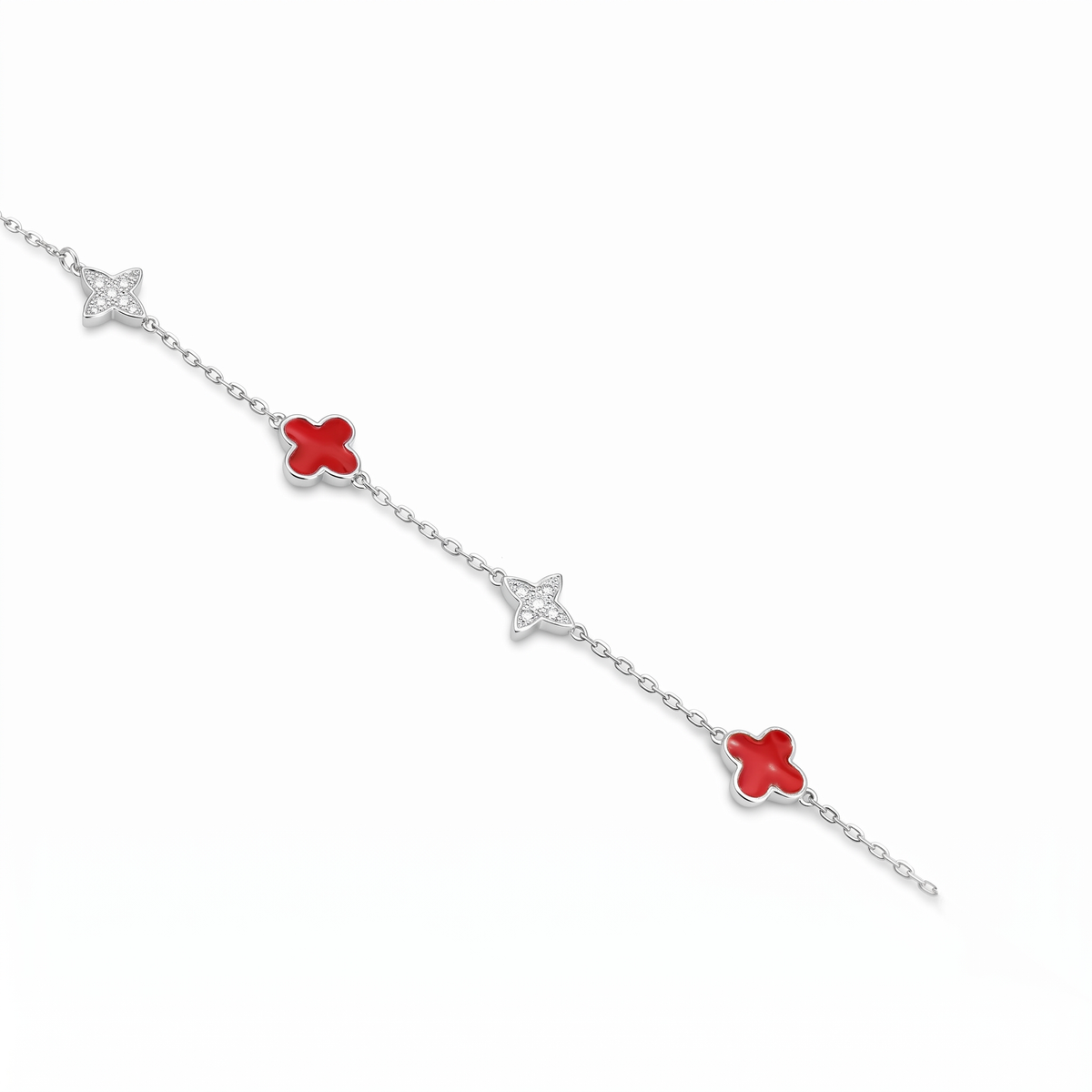 Silver Ladies Bracelet Classic Red & White Flower 925