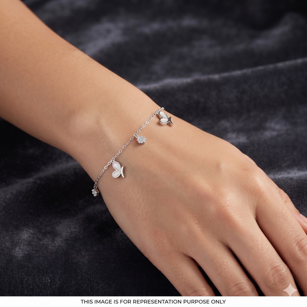 Silver Ladies Bracelet Dainty Butterfly & Crystal Link 925