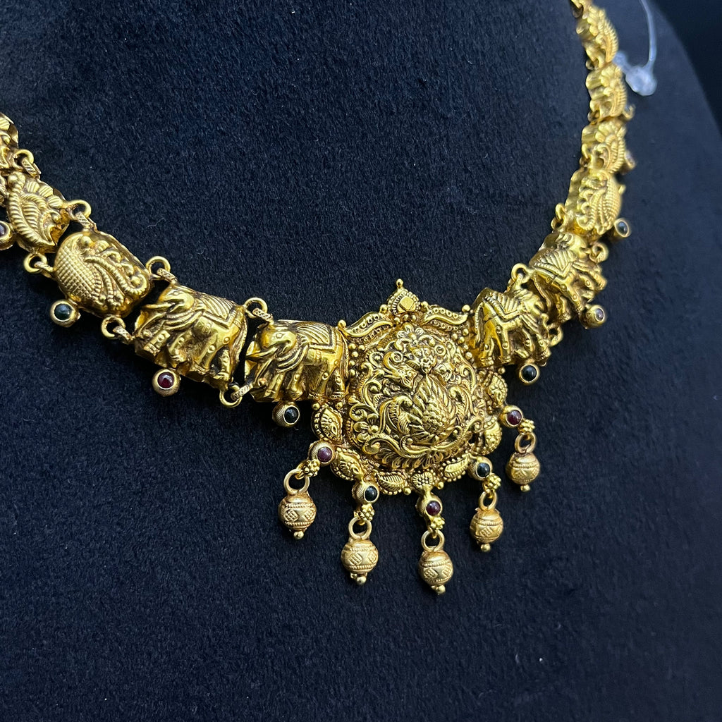 Silver Ladies Necklace Antique Lakshmi And Elephant Art Gold Finish 925