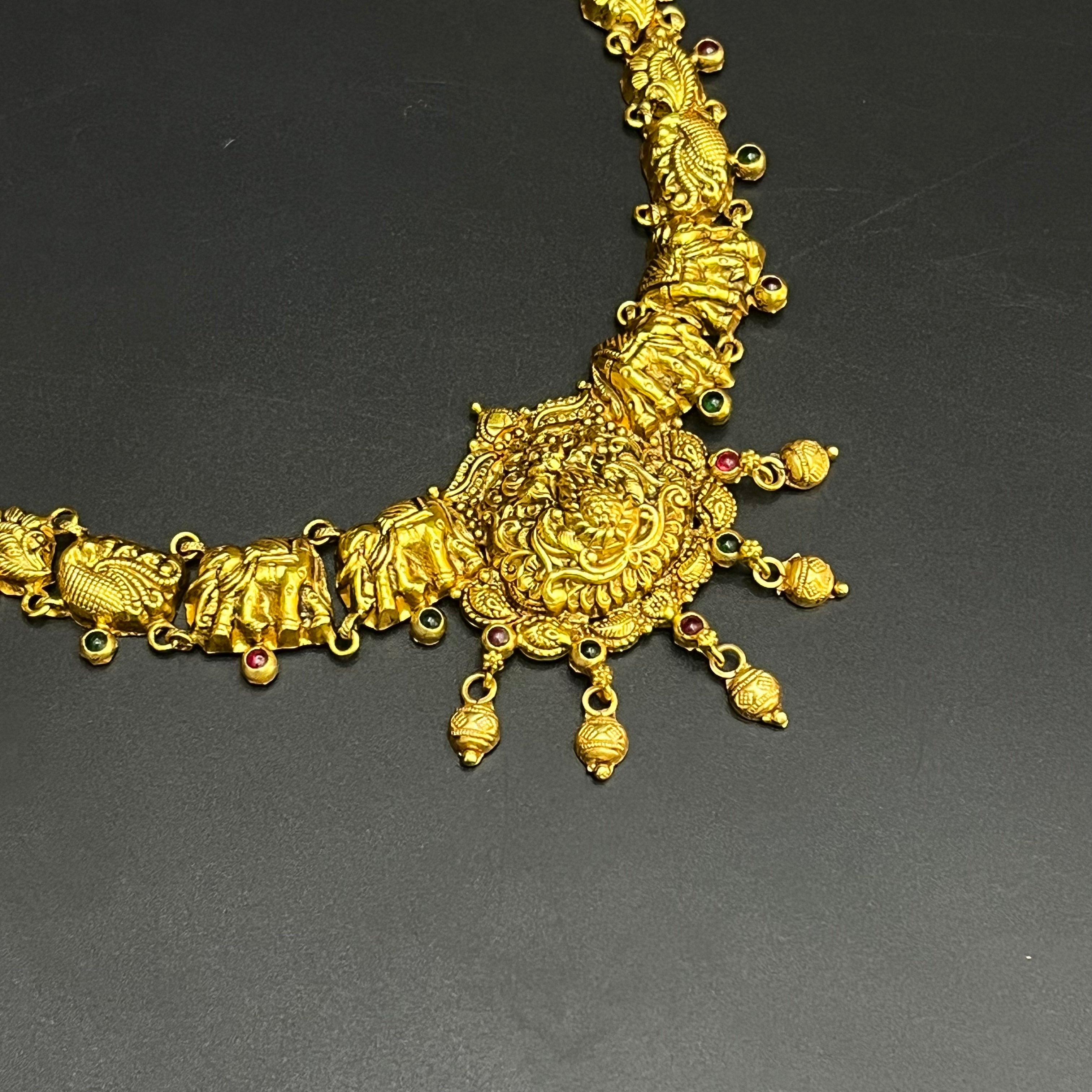 Silver Ladies Necklace Antique Lakshmi And Elephant Art Gold Finish 925