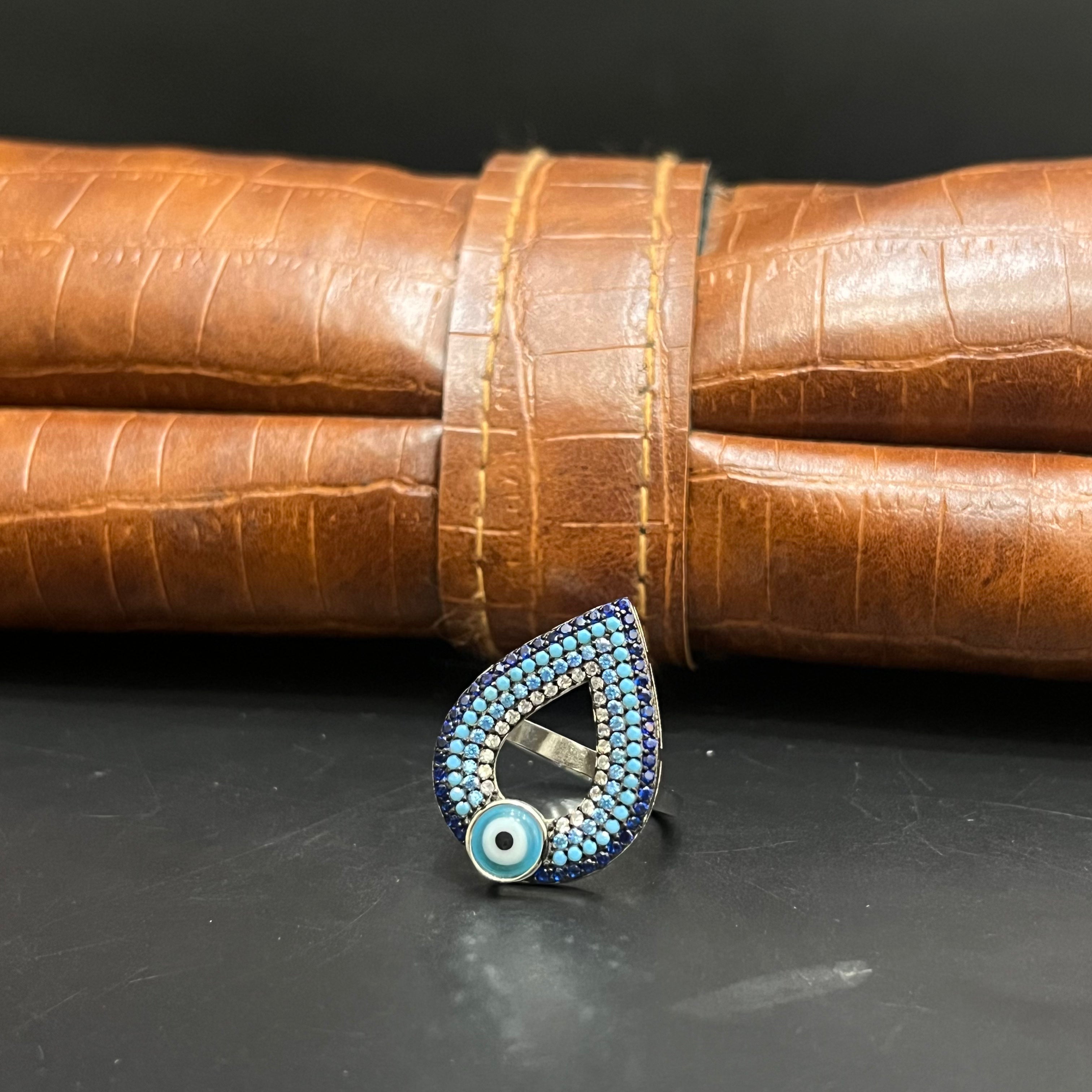 Silver Ladies Ring Royal Multi Blue Evil Eye 925