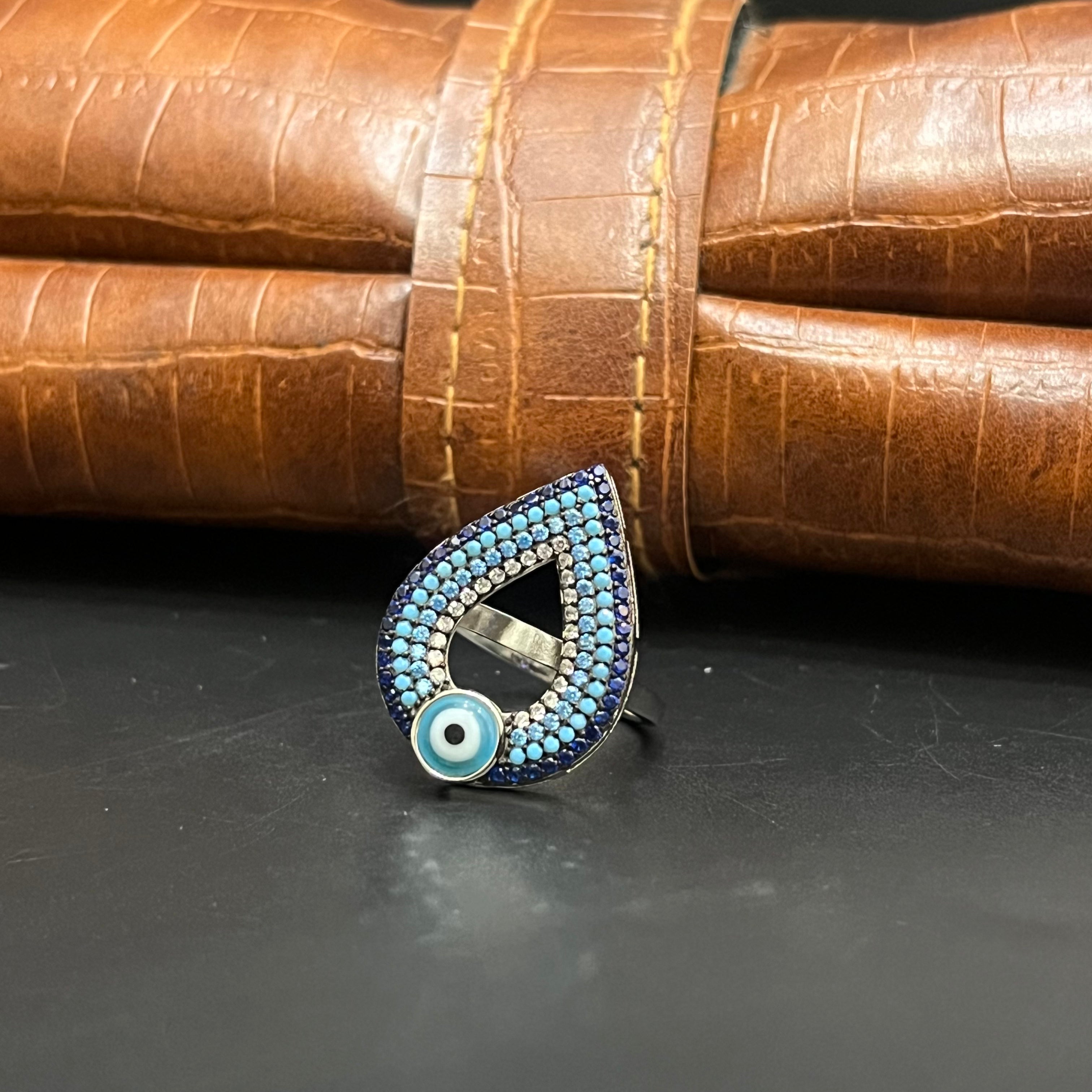 Silver Ladies Ring Royal Multi Blue Evil Eye 925
