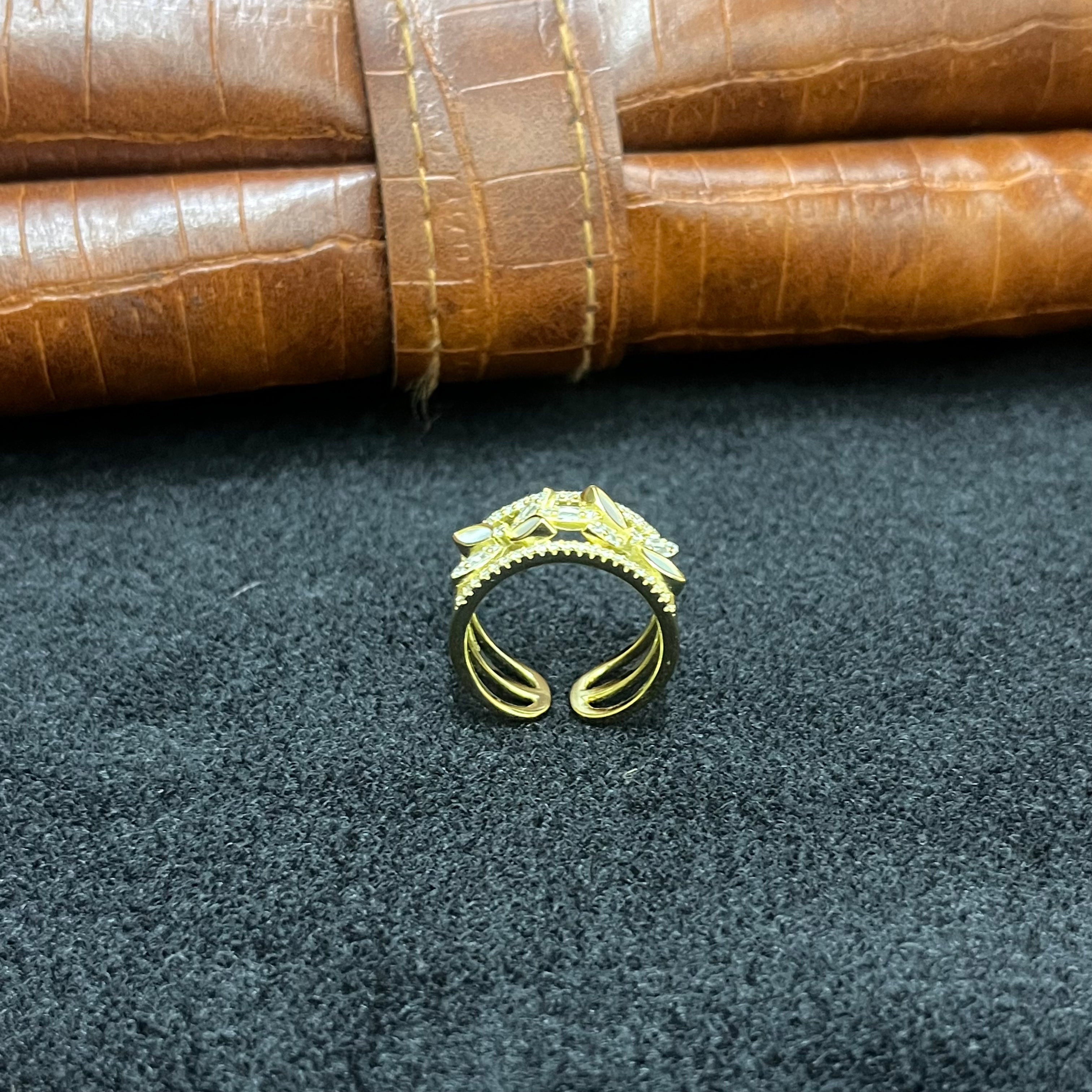 Silver Ladies Ring Petal Crystal Stones Gold Finish 925