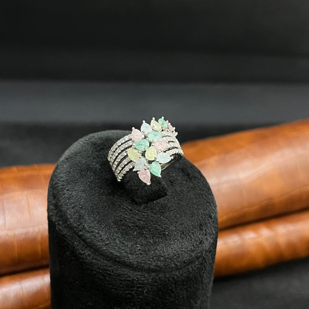 Silver Ladies Ring Classic Oceanic Multicolour Crystal Stones 925