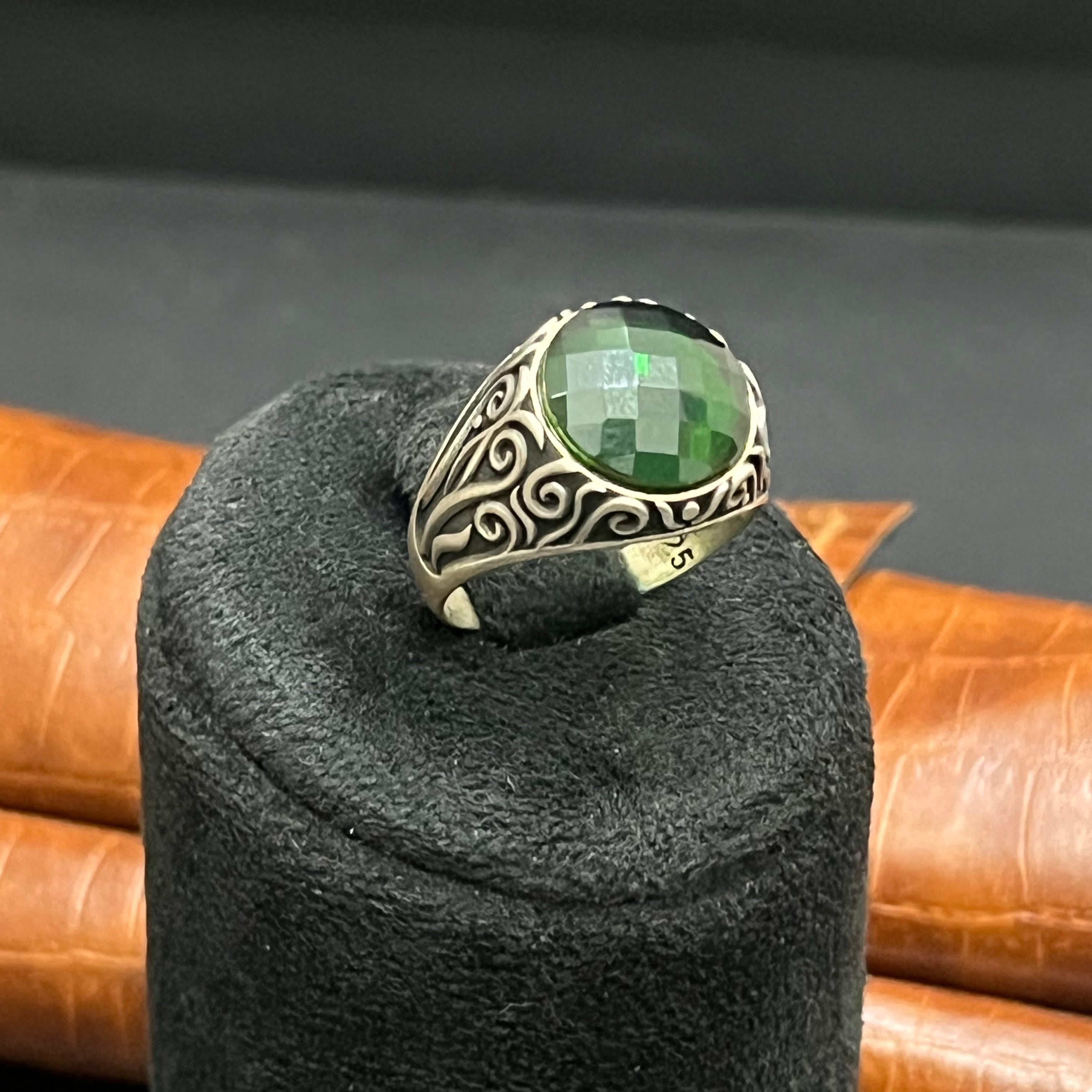 Silver Mens Ring Antique Floral Green Emrald Stones 925