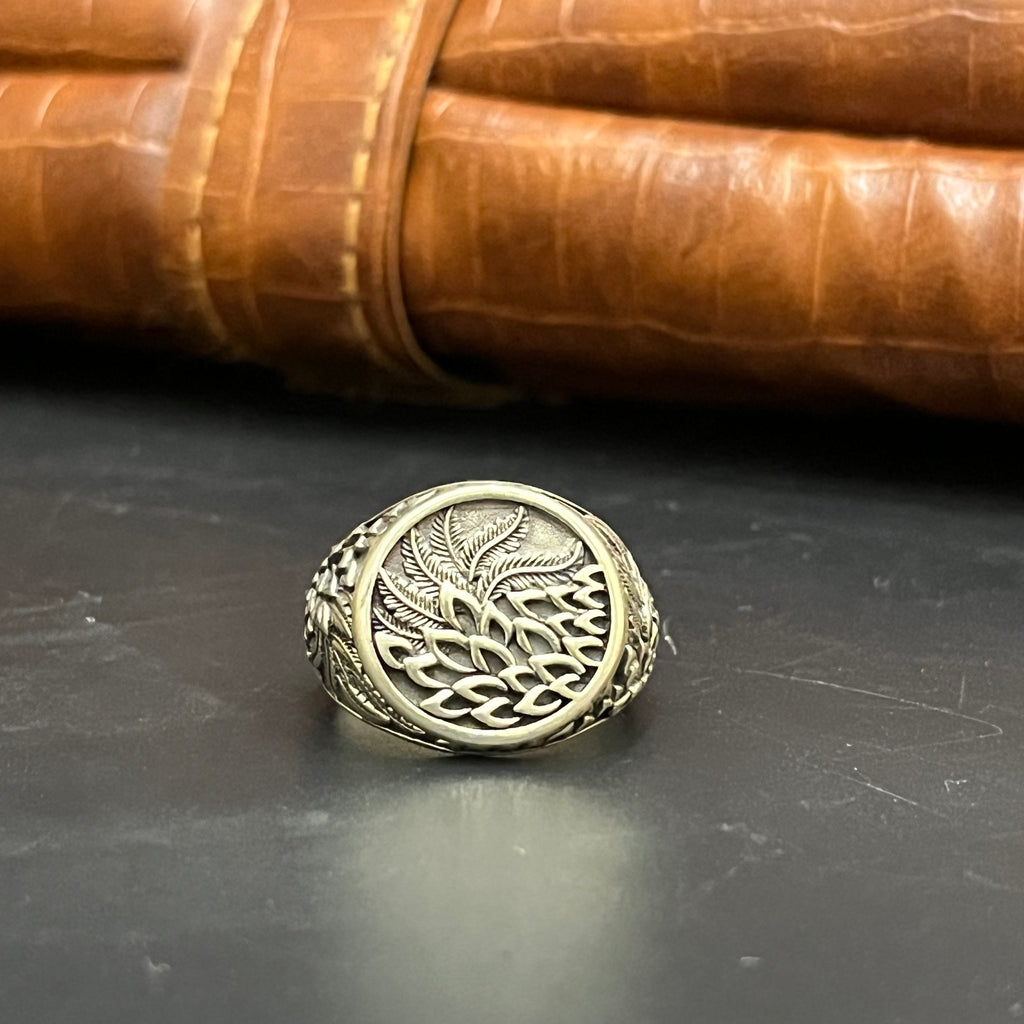 Silver Mens Ring Premium Antique Floral Textured 925