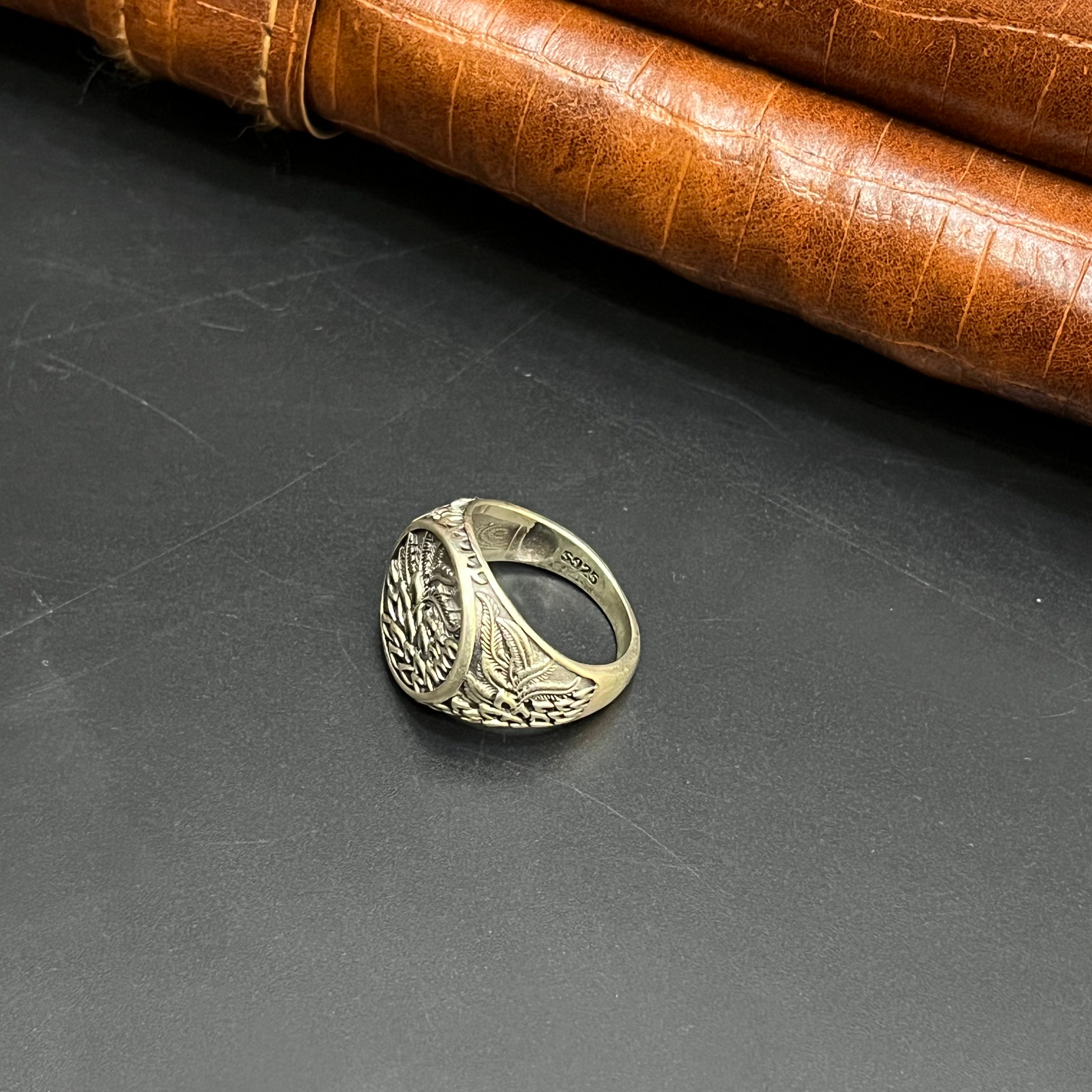 Silver Mens Ring Premium Antique Floral Textured 925