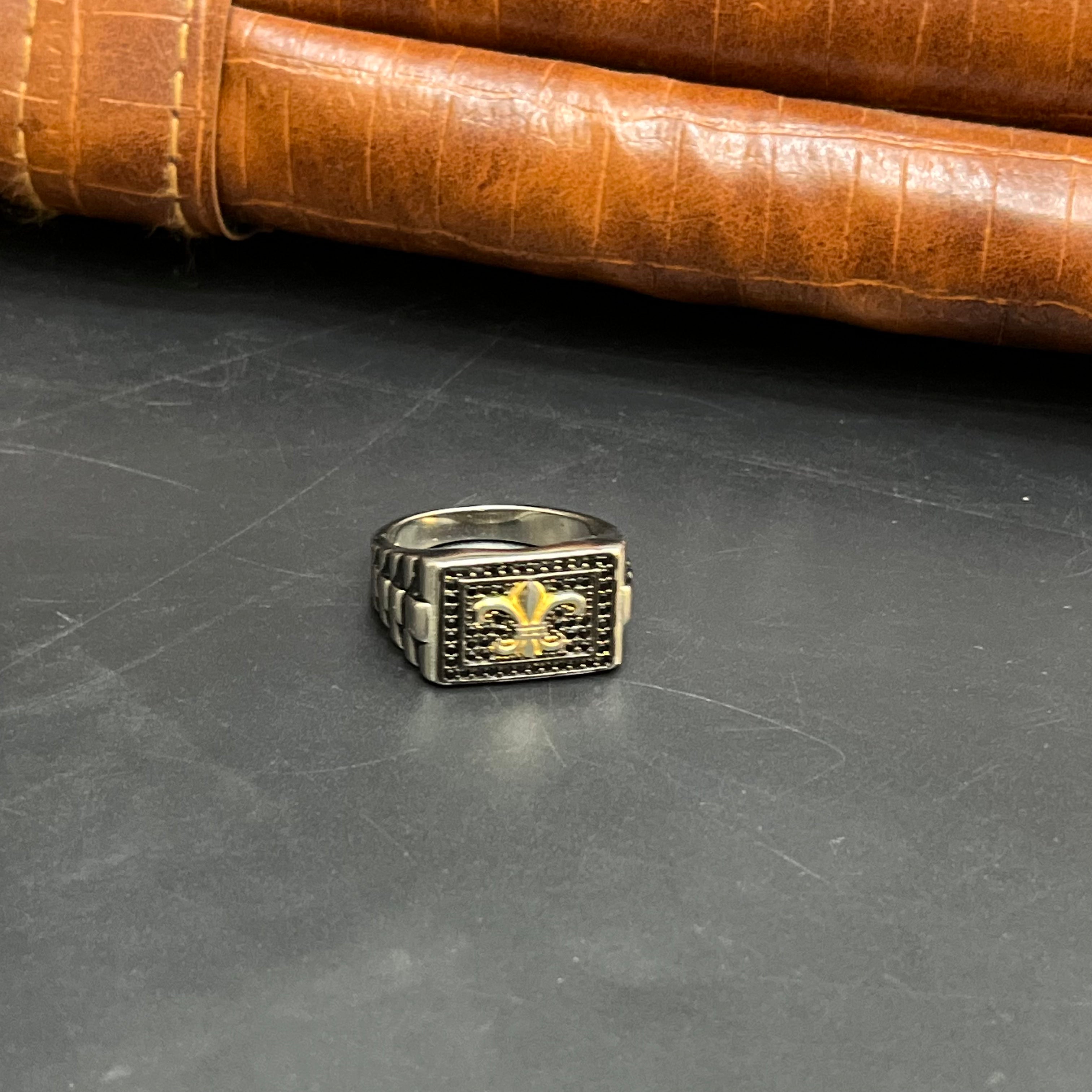 Silver Mens Ring Square Classic Floral Charm Textured 925