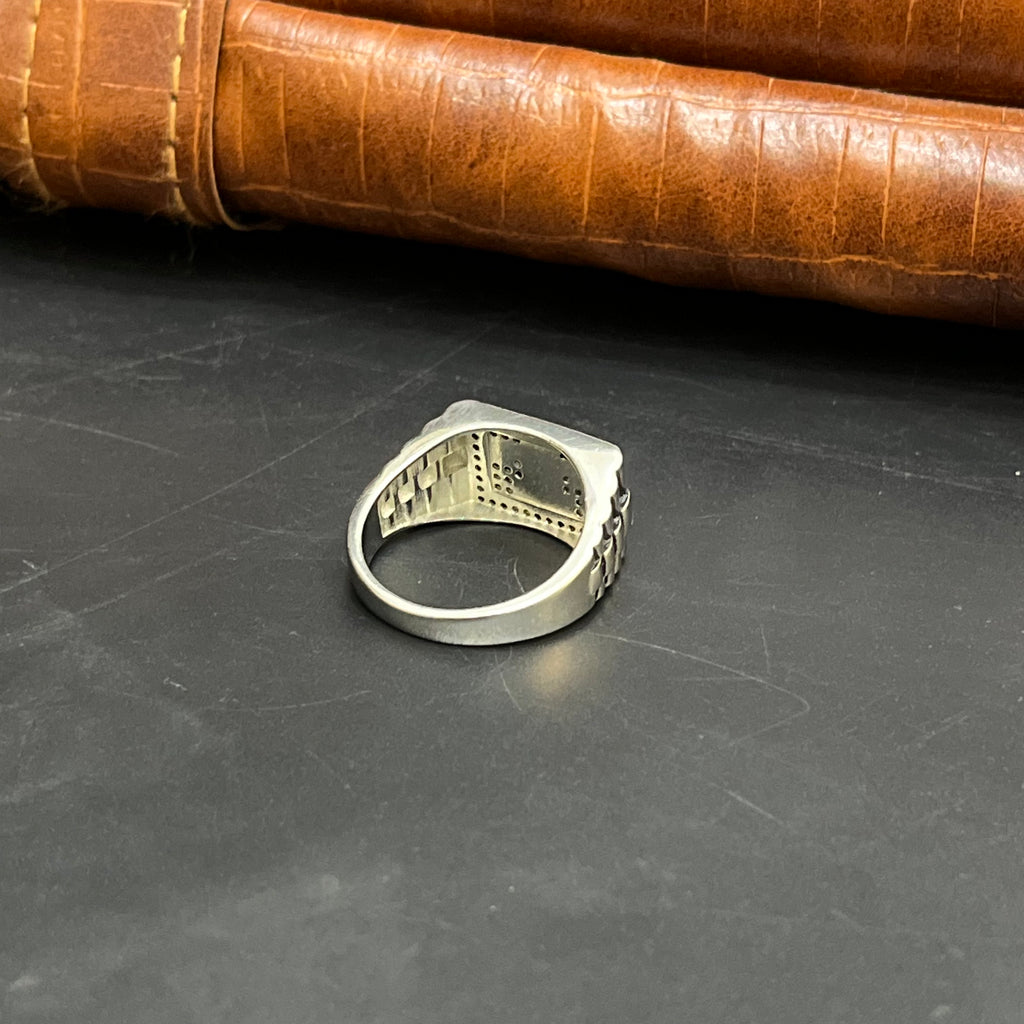 Silver Mens Ring Square Classic Floral Charm Textured 925