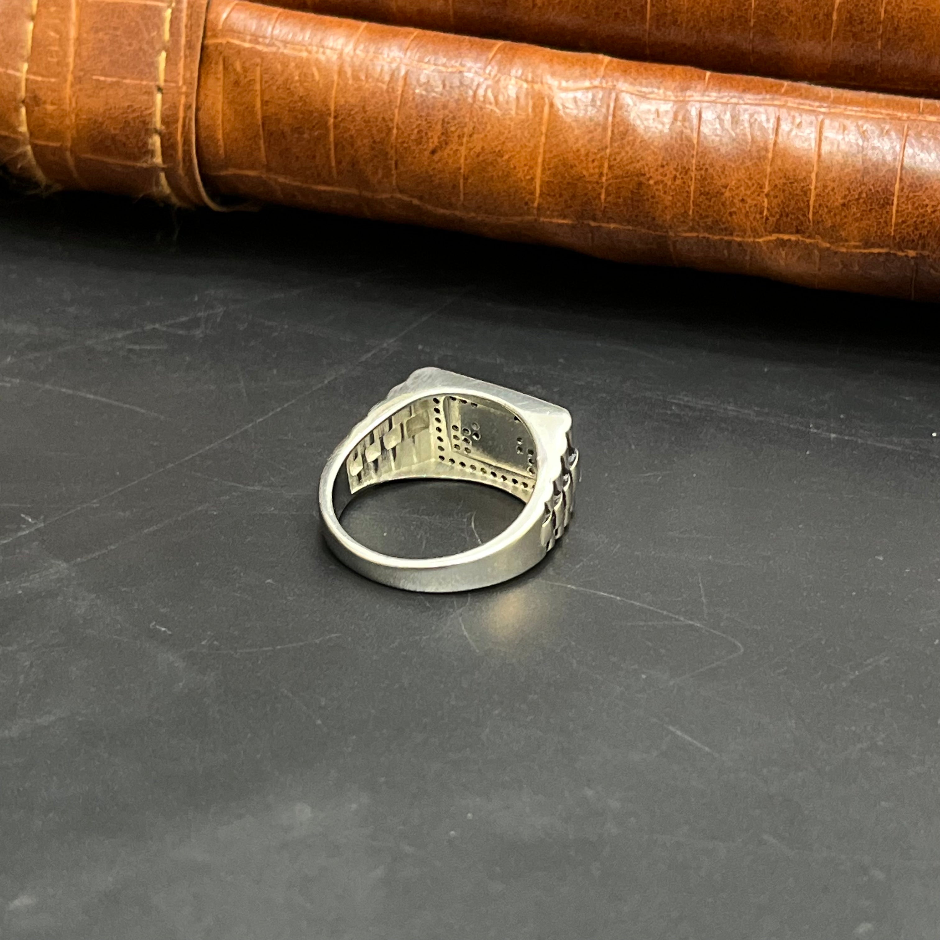 Silver Mens Ring Square Classic Floral Charm Textured 925