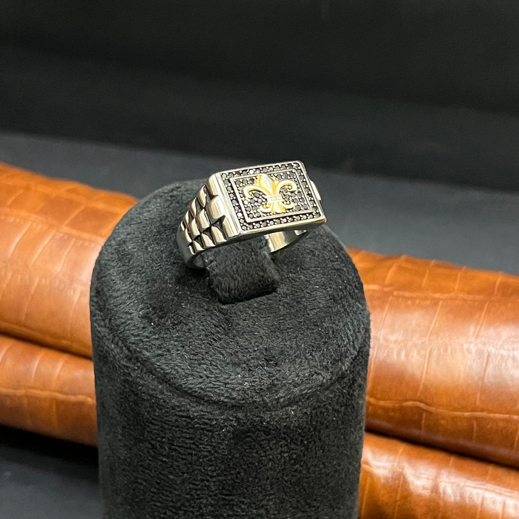 Silver Mens Ring Square Classic Floral Charm Textured 925