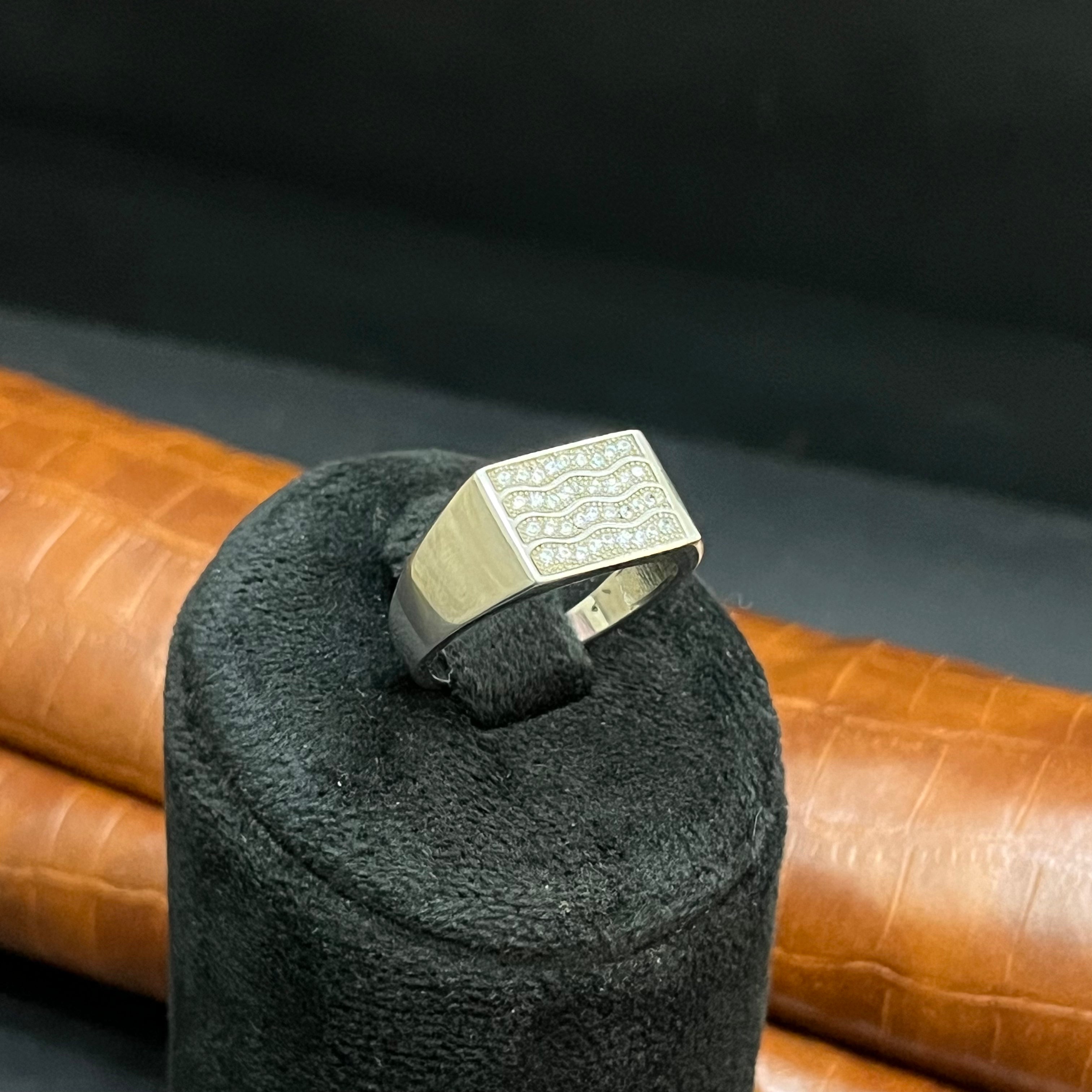 Silver Mens Ring Square Wave Crystal Textured 925