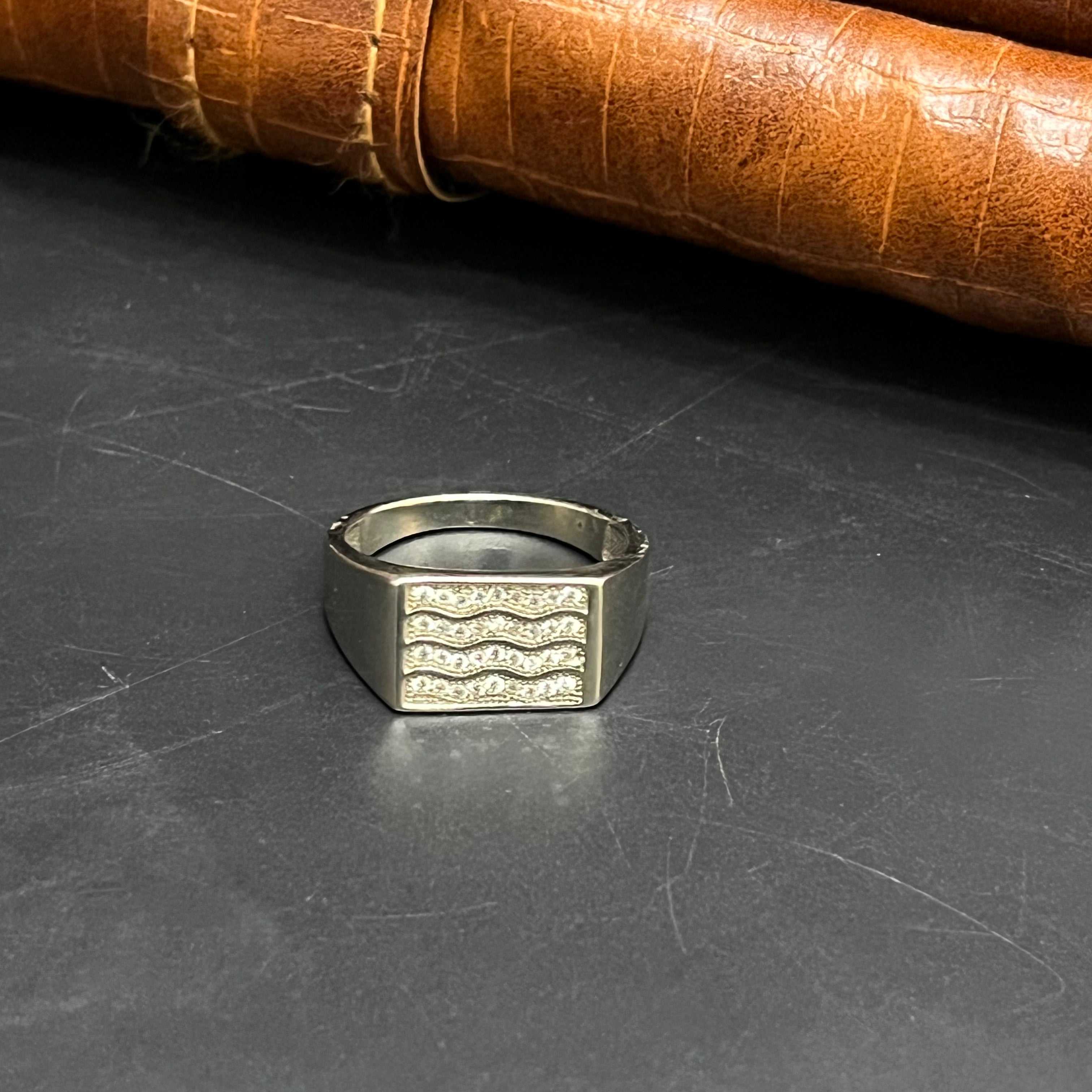 Silver Mens Ring Square Wave Crystal Textured 925