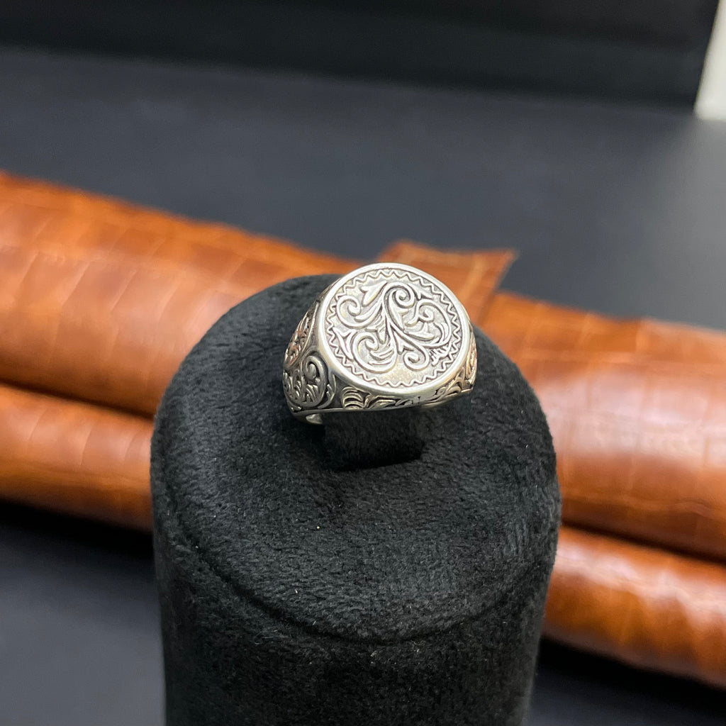 Silver Mens Ring Royal Floral Textured 925