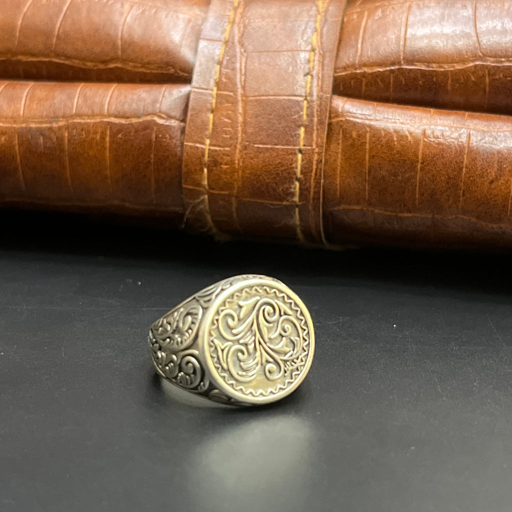 Silver Mens Ring Royal Floral Textured 925