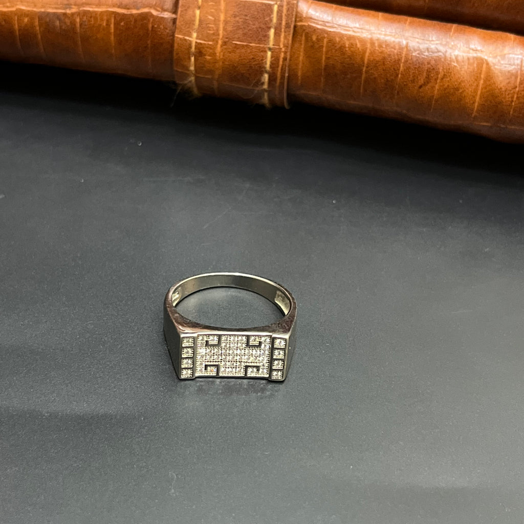 Silver Mens Ring Classic Textured Crystal 925