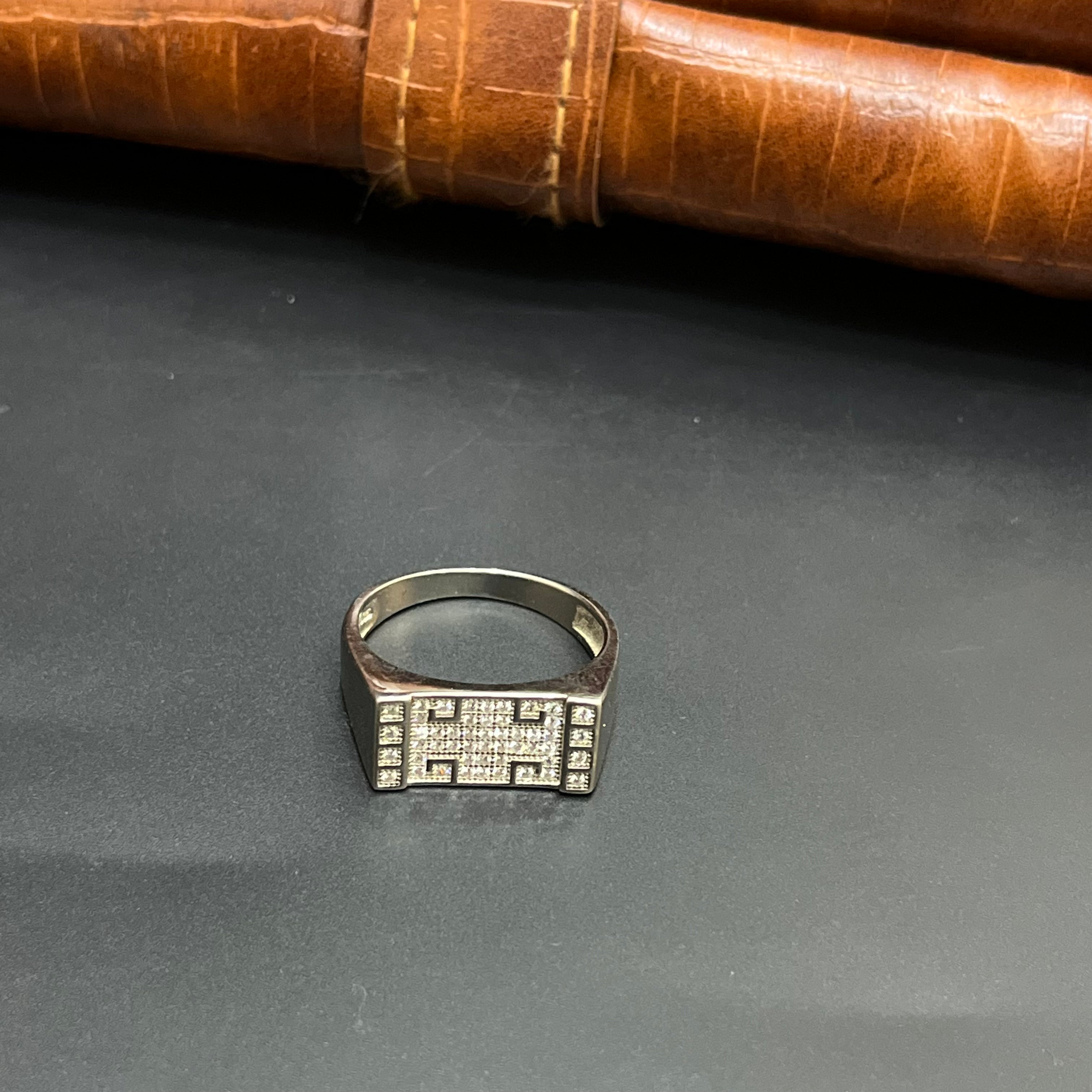 Silver Mens Ring Classic Textured Crystal 925