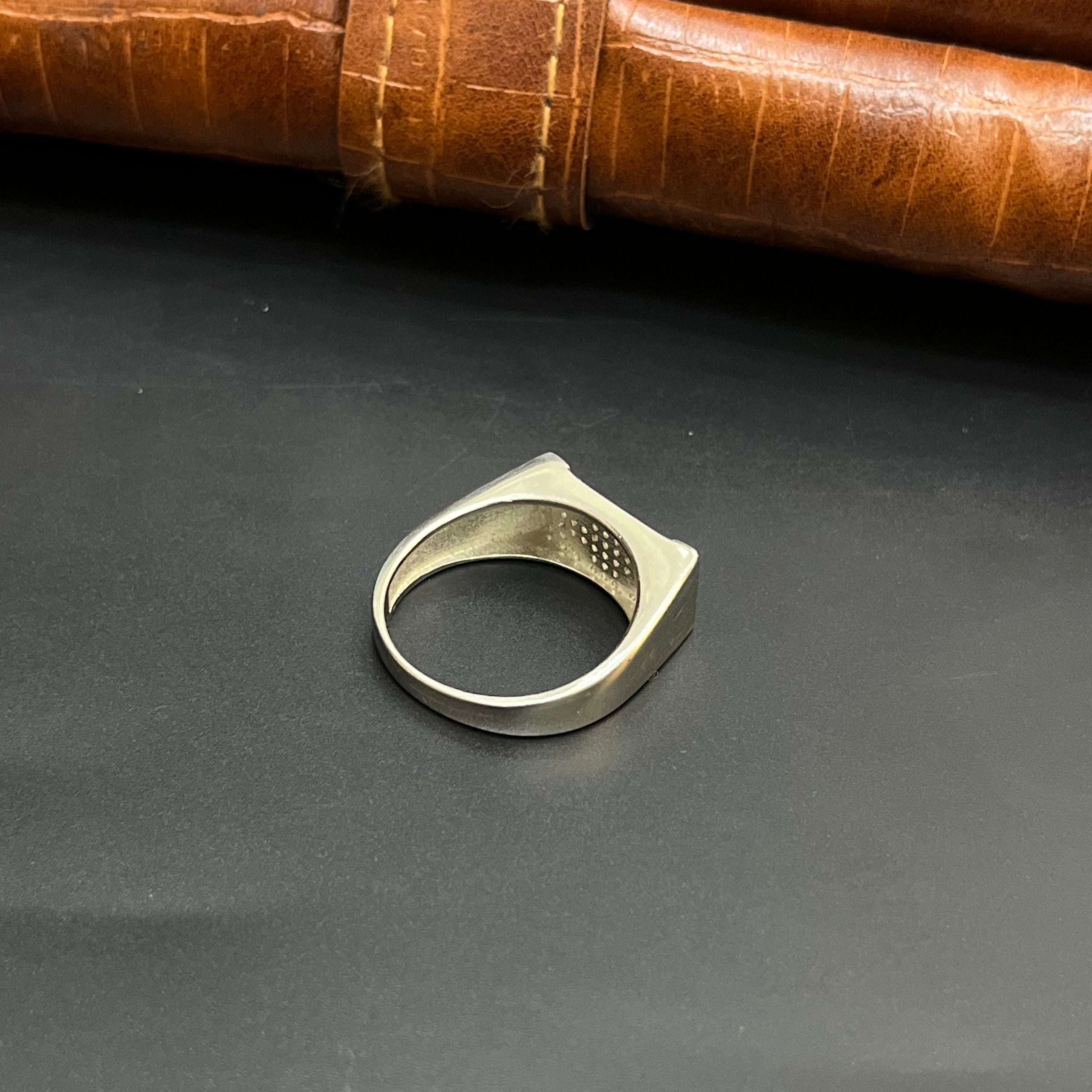 Silver Mens Ring Classic Textured Crystal 925