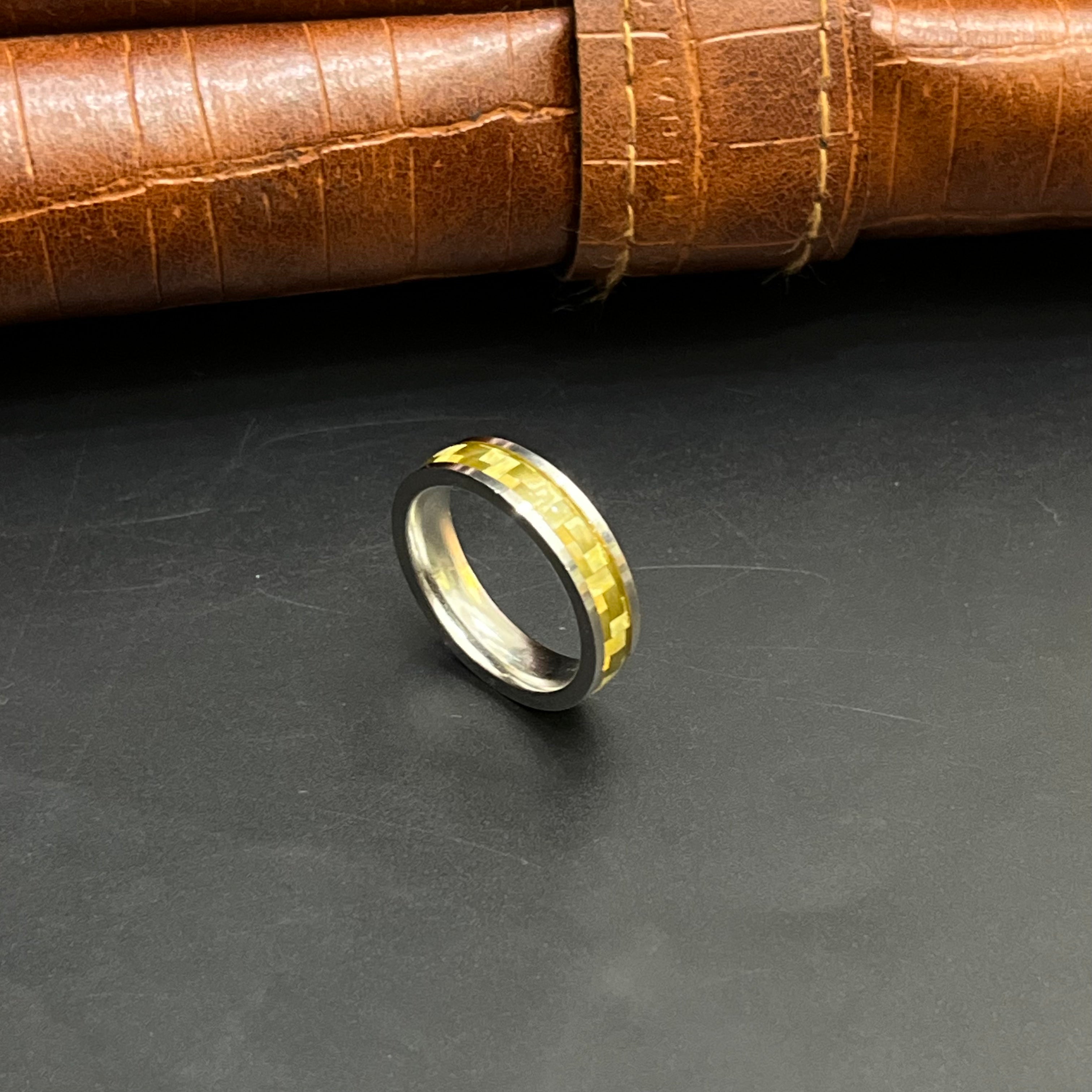 Silver Mens Ring Fancy Yellow Square Pattern 925
