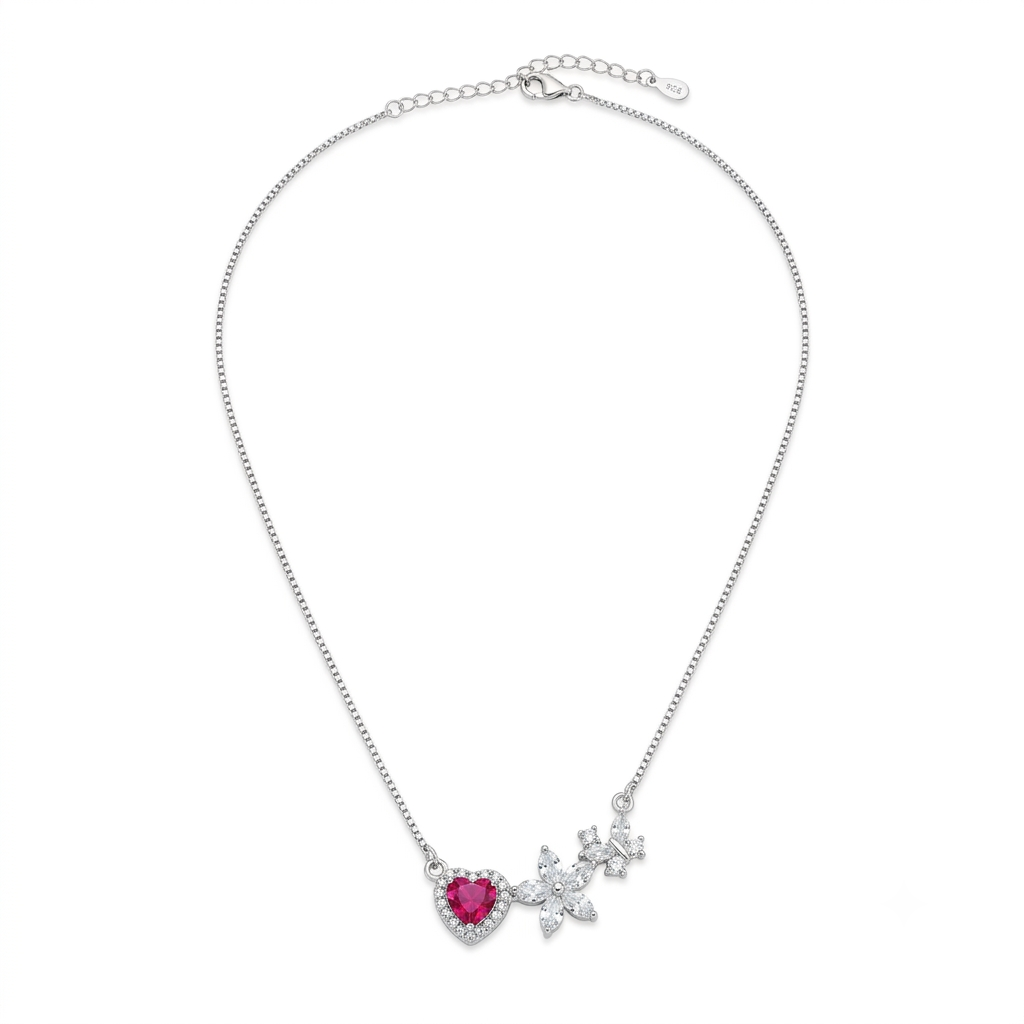 Silver Ladies Pendant Chain Pink Heart Petal Floral 1 925