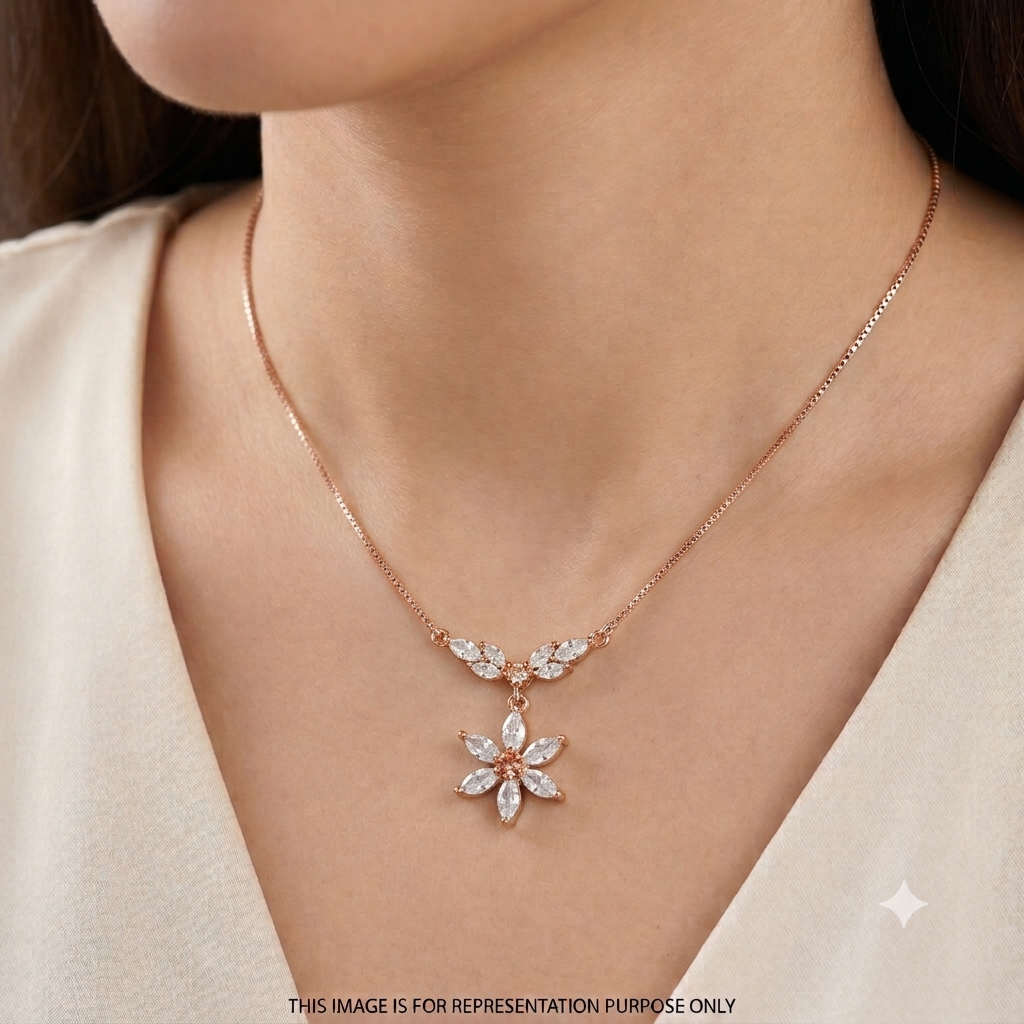 Silver Ladies Pendant Chain Graceful Flower Drop 1  Rose Gold 925