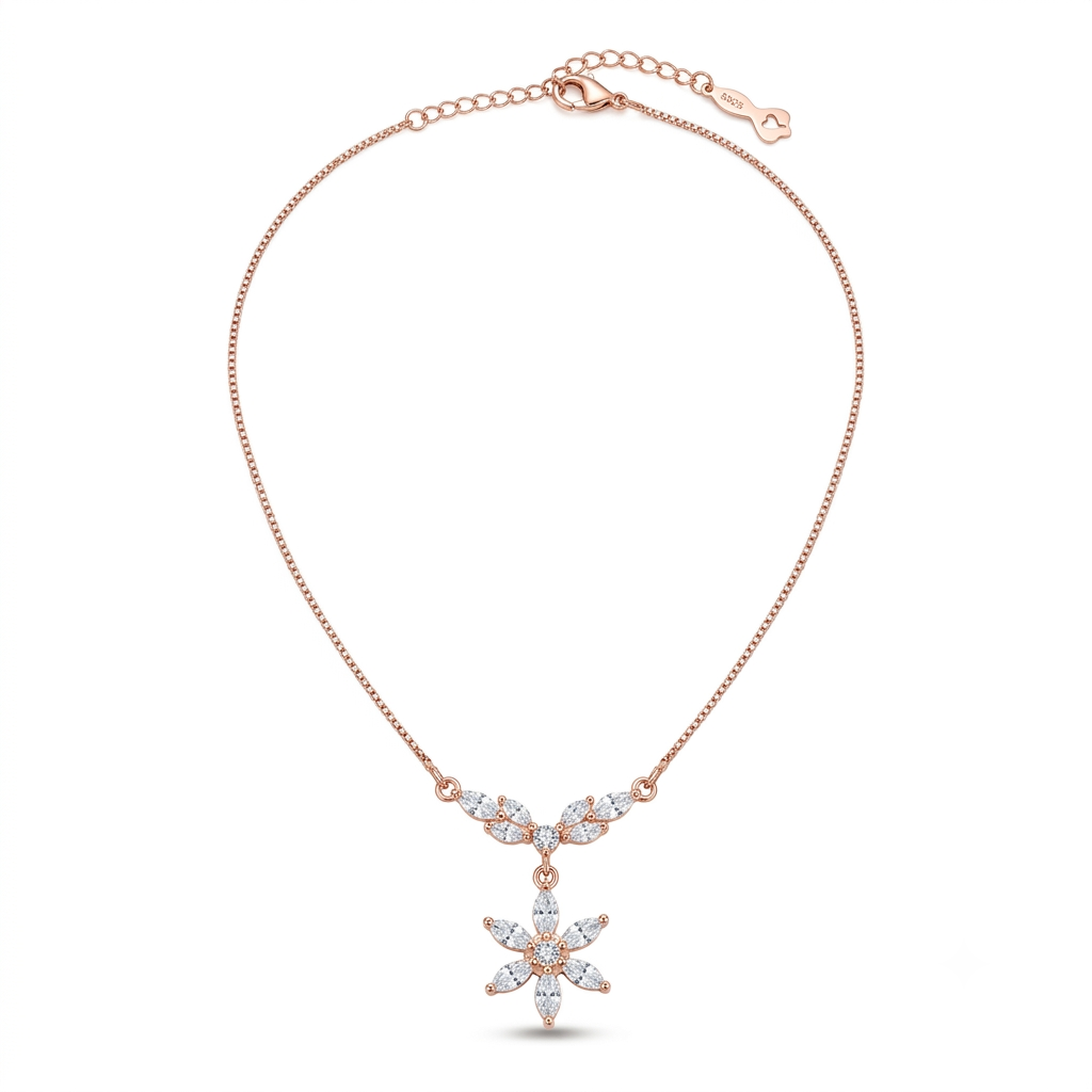 Silver Ladies Pendant Chain Graceful Flower Drop 1  Rose Gold 925