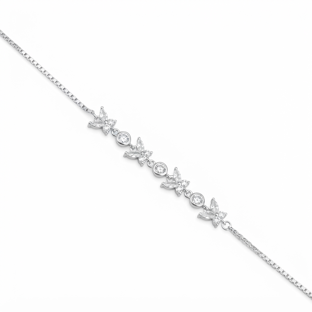 Silver Ladies Bracelet Blooming Flower Solitaire Stones 925