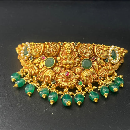 Silver Choker Antique Finished Green Beads