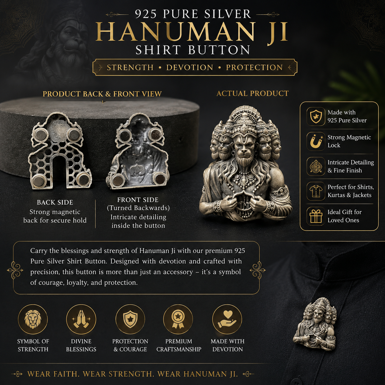 Silver Mens Shirt Button Hanuman 5 Face 925