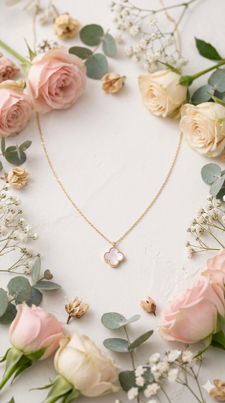 Clover Pendant Chain 18k Gold  Pink Panther