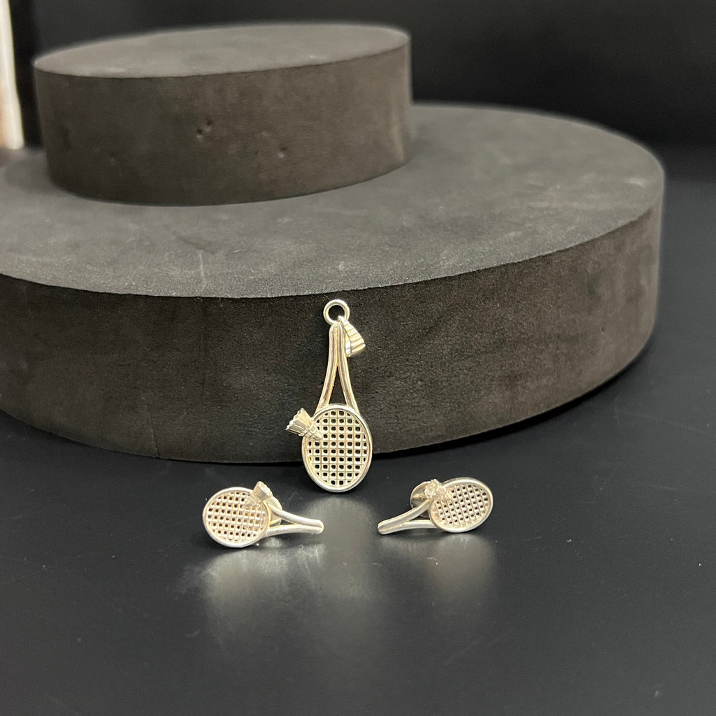 Silver Customised Pendant Stud Set Tennis Bat 925