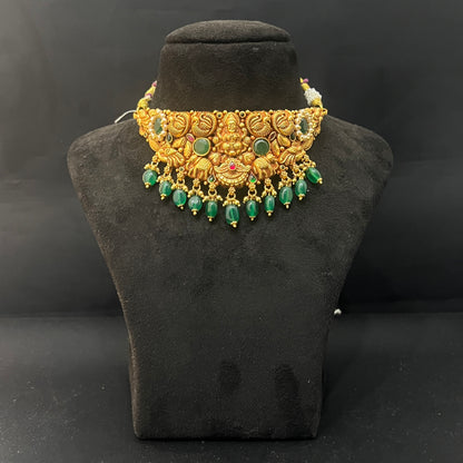 Silver Choker Antique Finished Green Beads