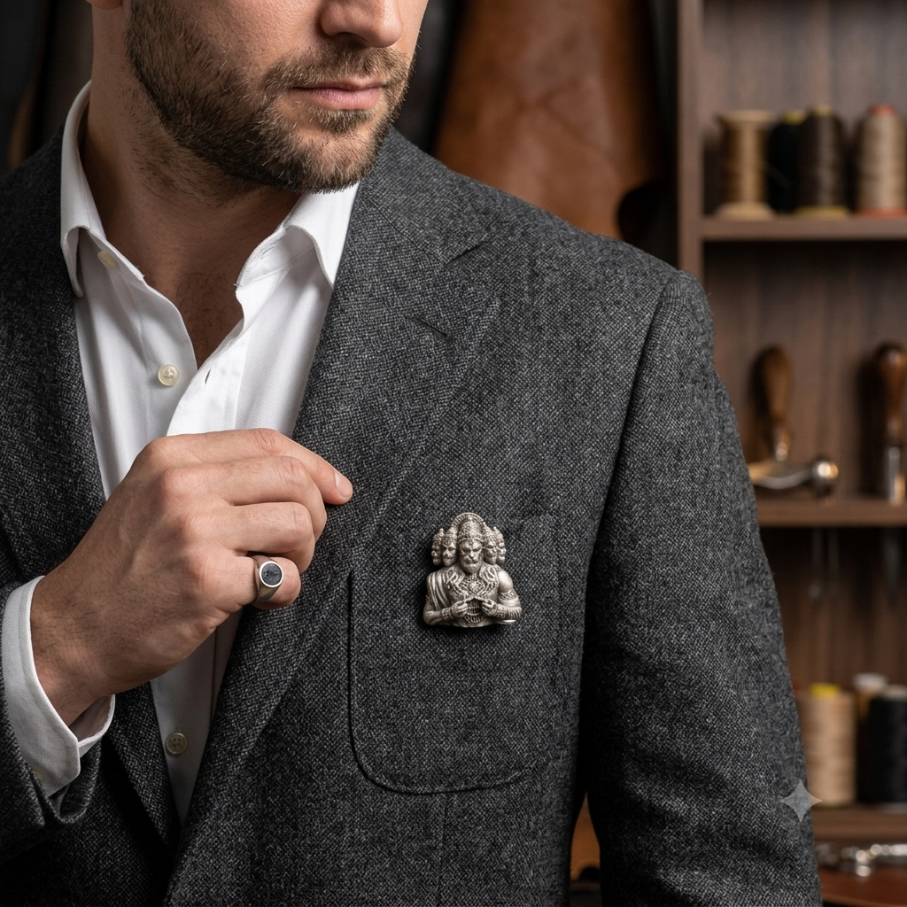 Silver Mens Hanuman Brooch Anqtiue 5 Faces 925