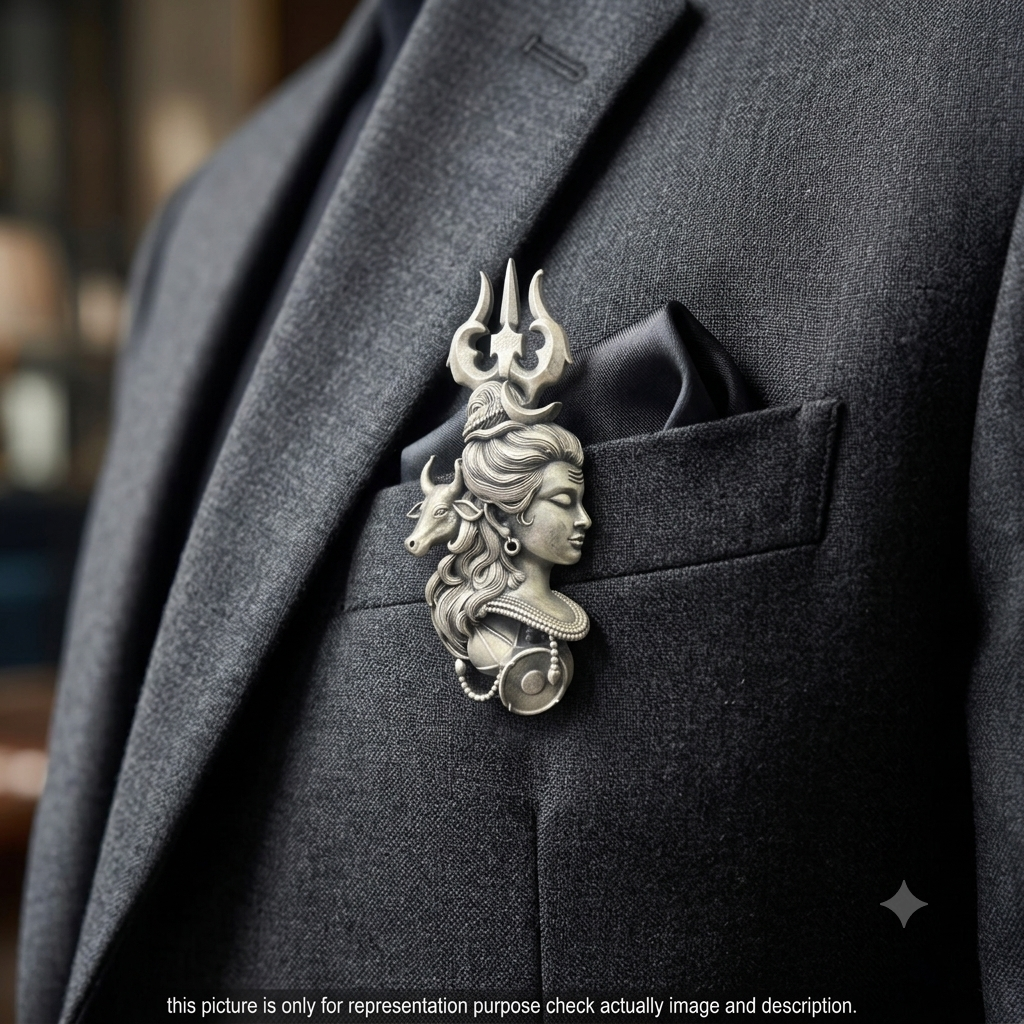 Silver Mens Shiv Trishul Antique Brooch 925