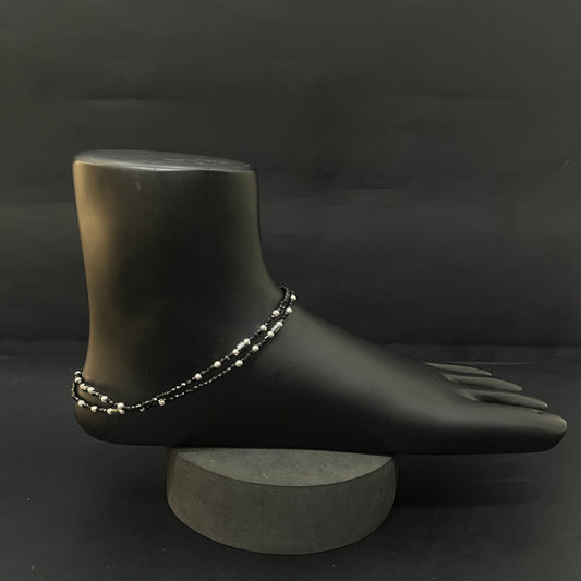 Silver Ladies Black Beads Anklet