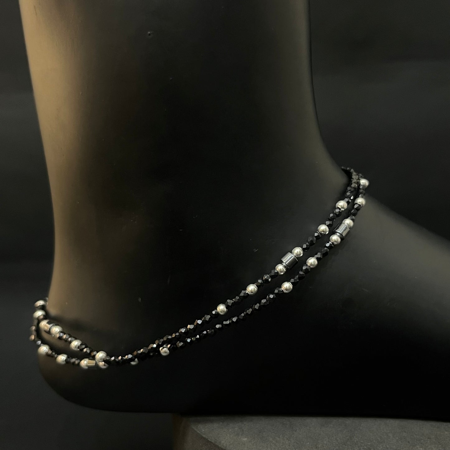 Silver Ladies Black Beads Anklet